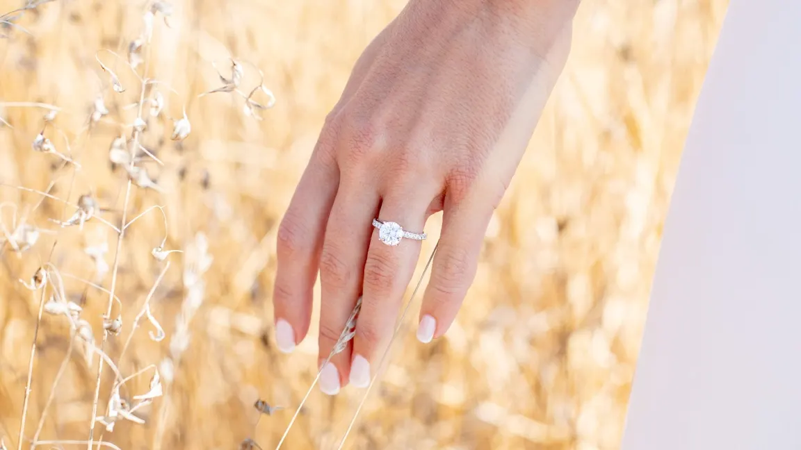 custom three stone lab diamond engagement ring with fancy blue lab diamond center stone
