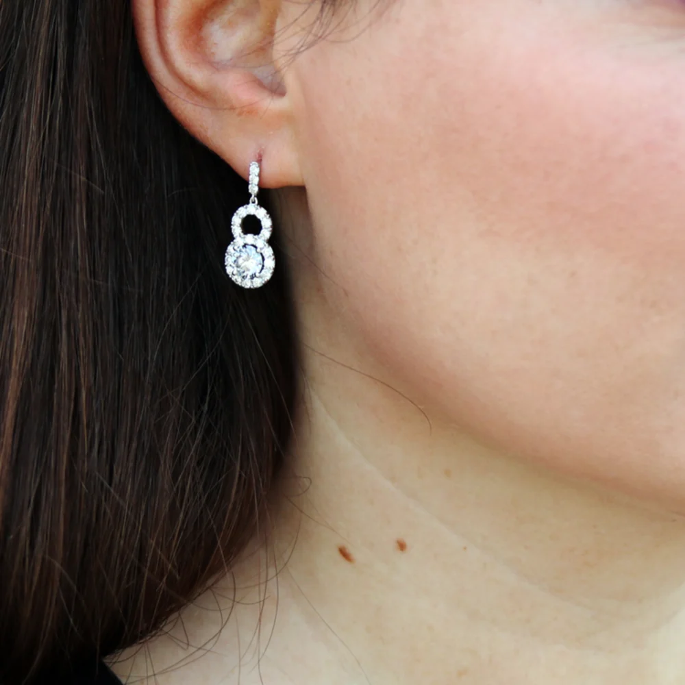 Royal Two Halo Lab Created Diamond Drop Earrings in Platinum on Model Design-058