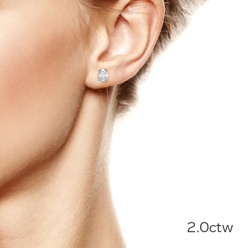 2 ctw White gold oval stud earrings made with lab grown diamonds Ada Diamonds ad 287 on model