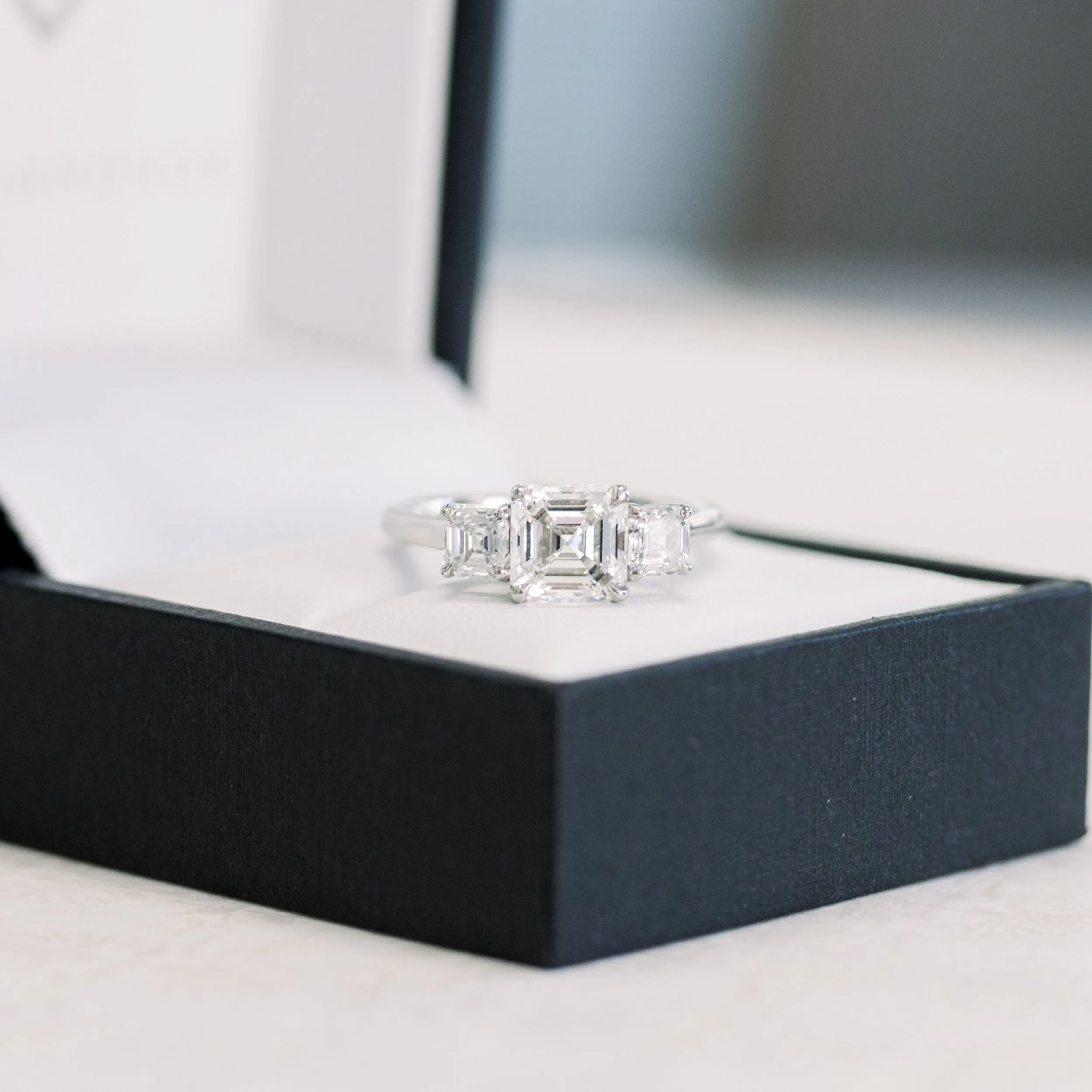 1.75 ct Lab Grown Diamonds set in Platinum Asscher Three Stone Diamond Engagement Ring (Main View)