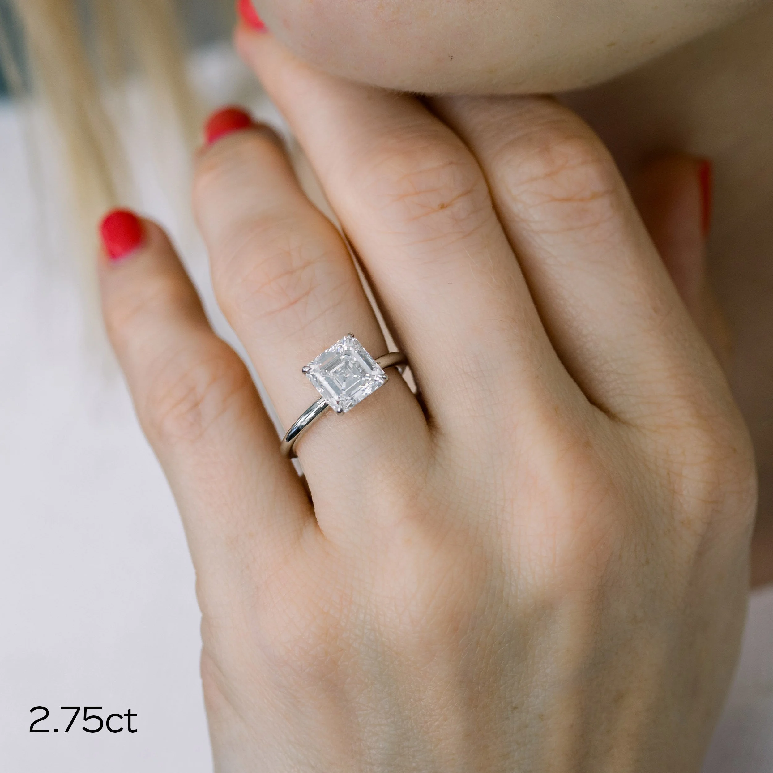 Platinum Asscher Petite Four Prong Solitaire Diamond Engagement Ring featuring 2.75 Carat Lab Diamonds (Main View)