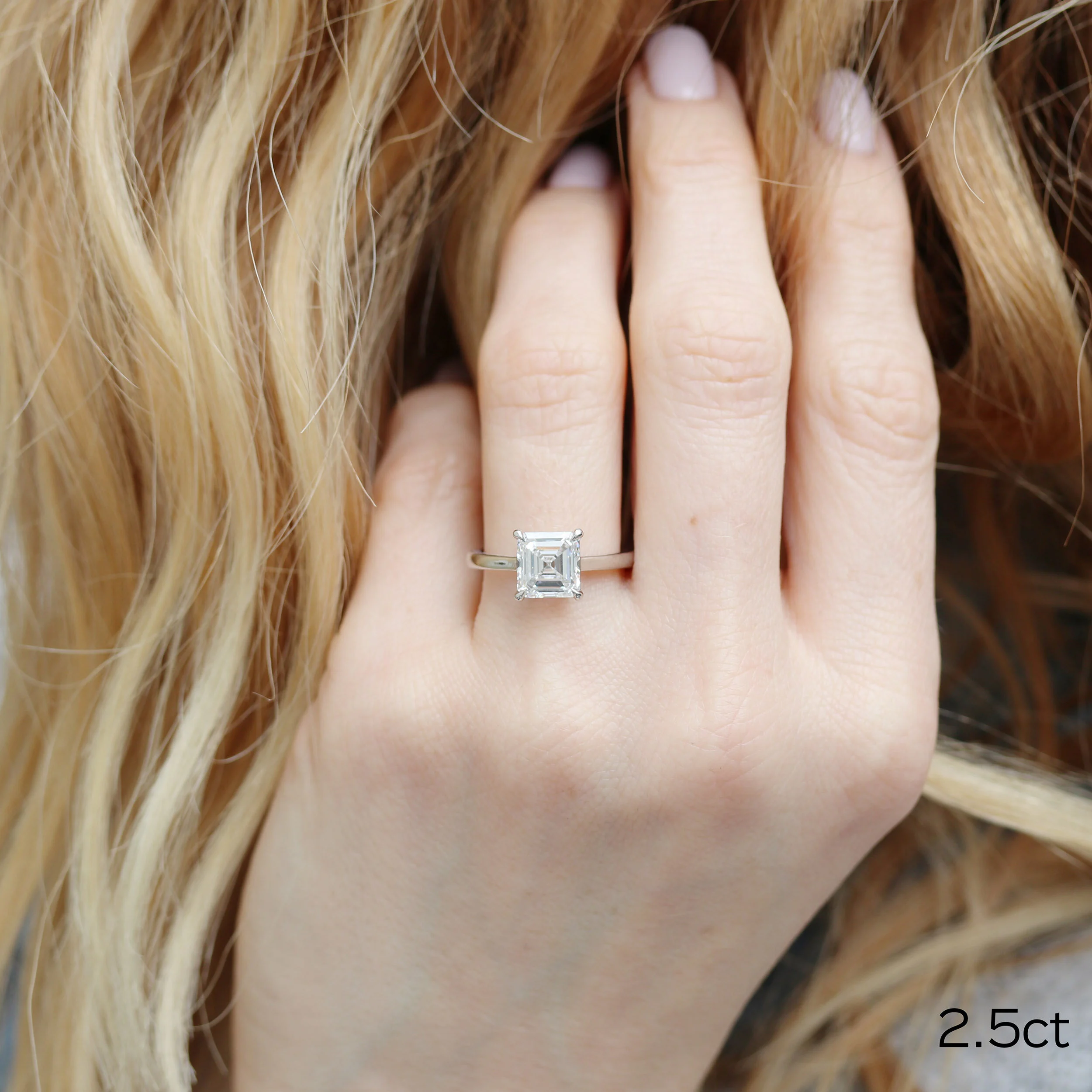 Platinum 2.5 Carat Asscher Cathedral Lab Diamond Solitaire Engagement Ring Ada Diamonds Design AD-188 on Model