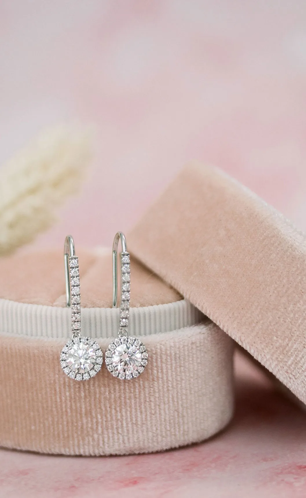 Exceptional Quality Round Lab Created Diamonds set in Single Halo Round Diamond Drop Earrings