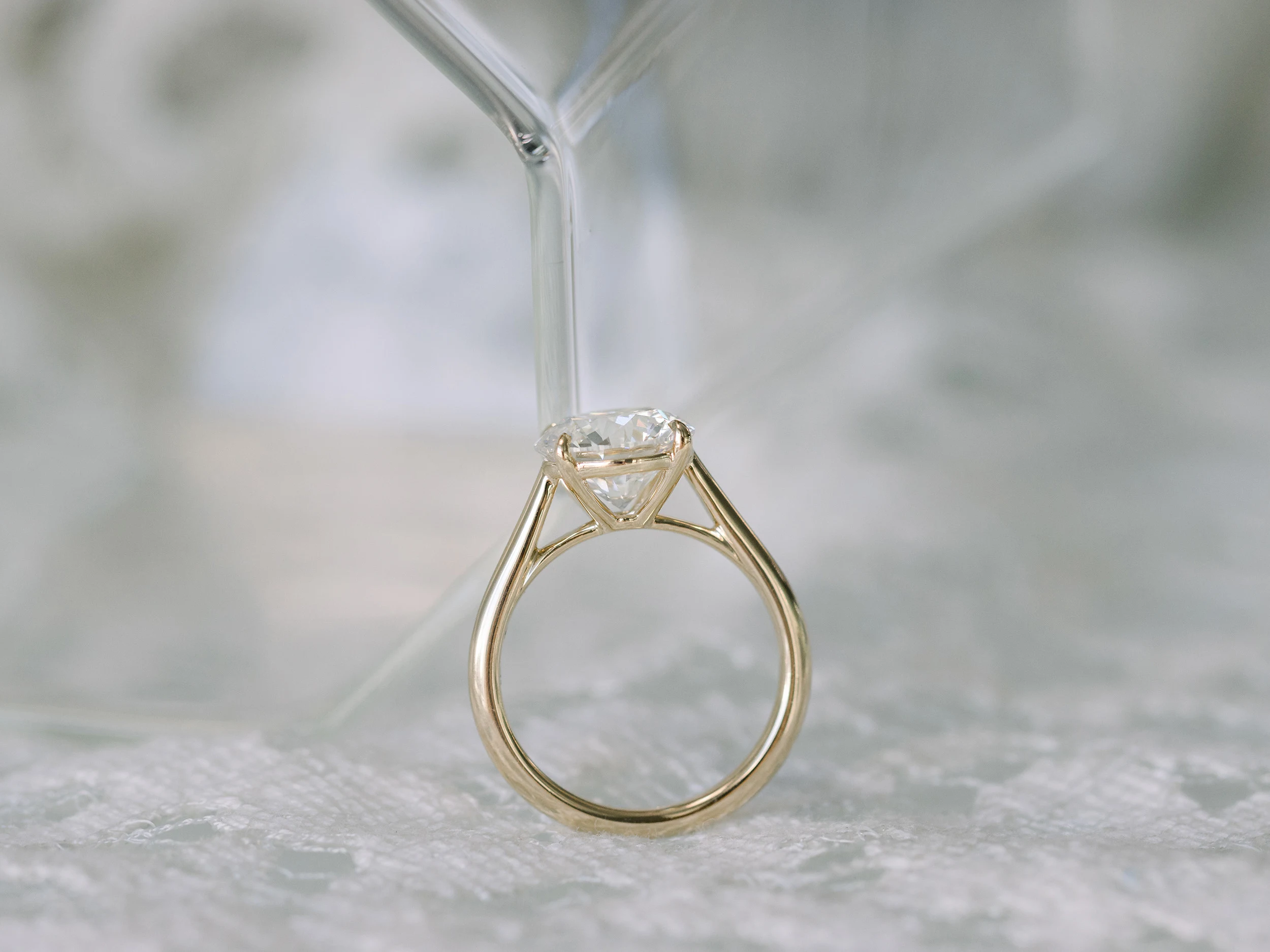 High Quality 2.0 Carat Lab Diamonds set in Yellow Gold Round Cathedral Solitaire (Profile View)