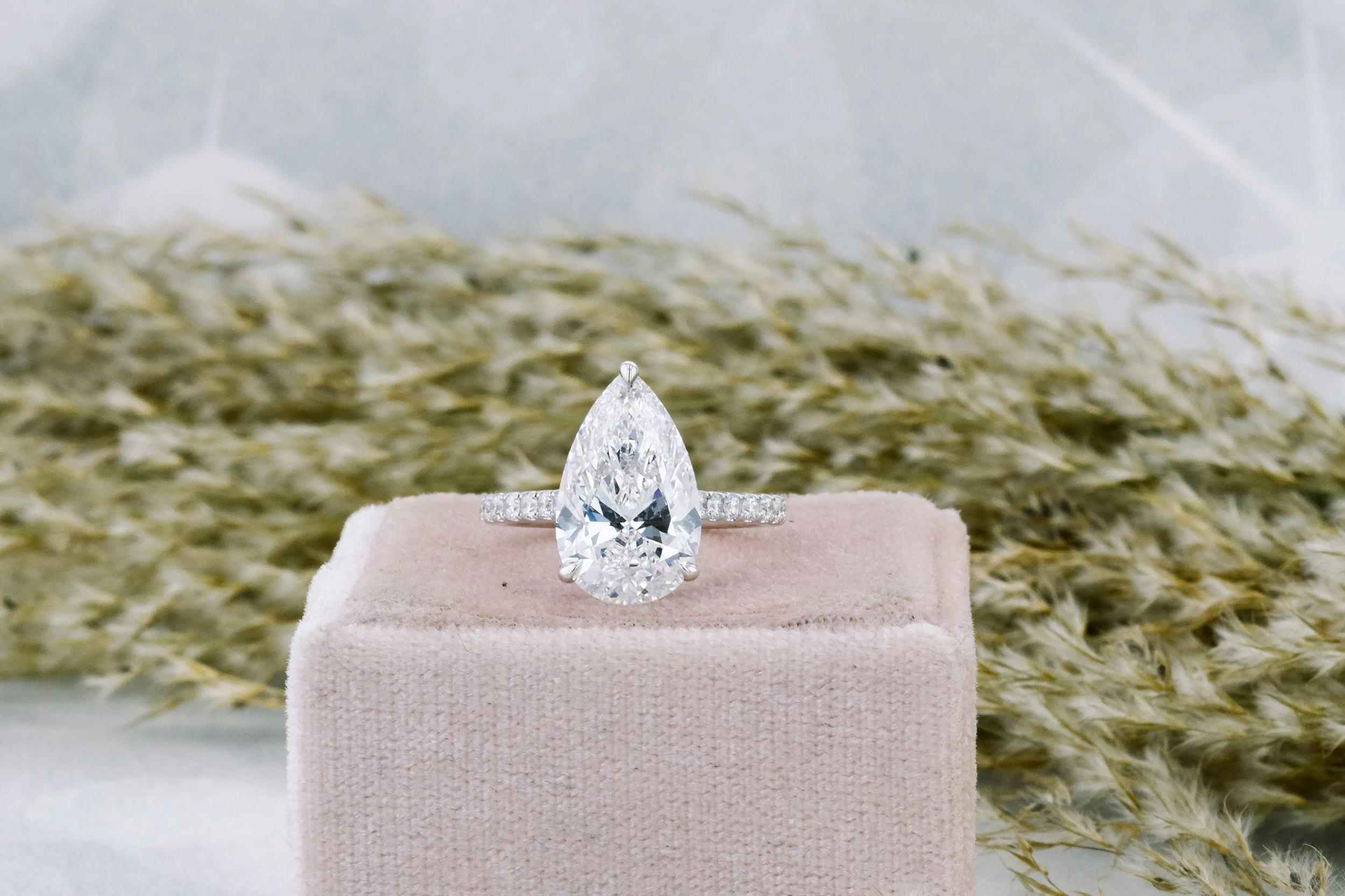 three and a half carat pear lab diamond engagement ring with pavé band platinum ada diamonds design ad355