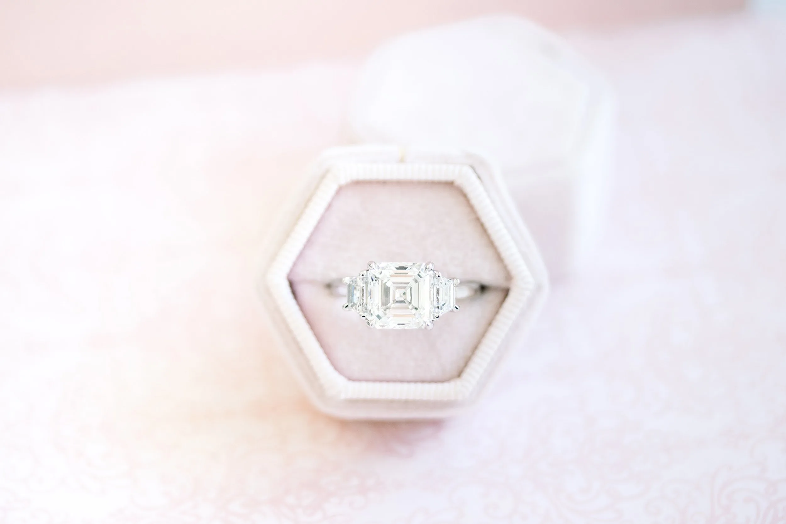 3.5 carat asscher and trapzeoid three stone lab diamond ring platinum ada diamonds design ad 494