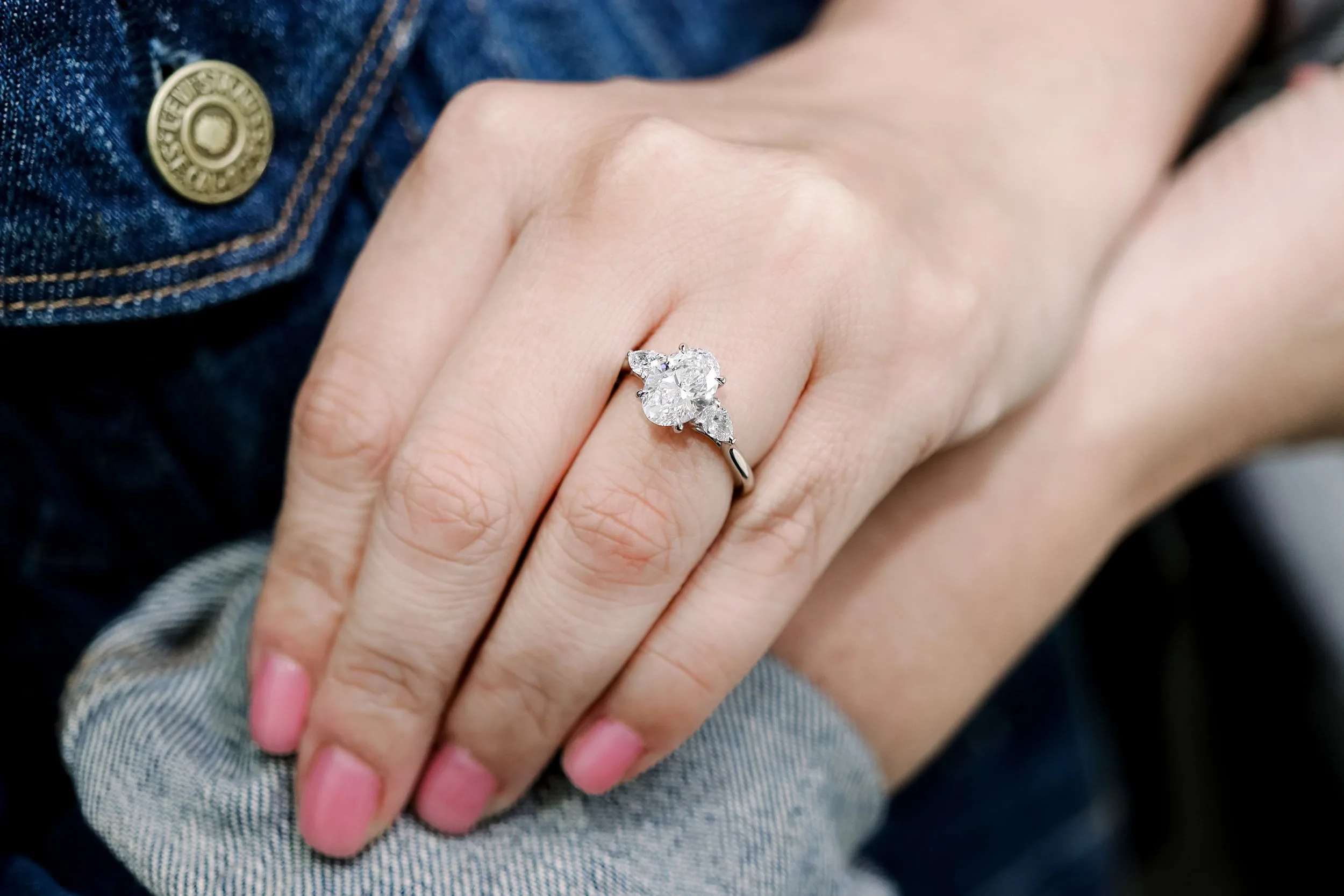 platinum oval and pear three stone lab created diamond engagement ring ada diamonds design ad 460 on model