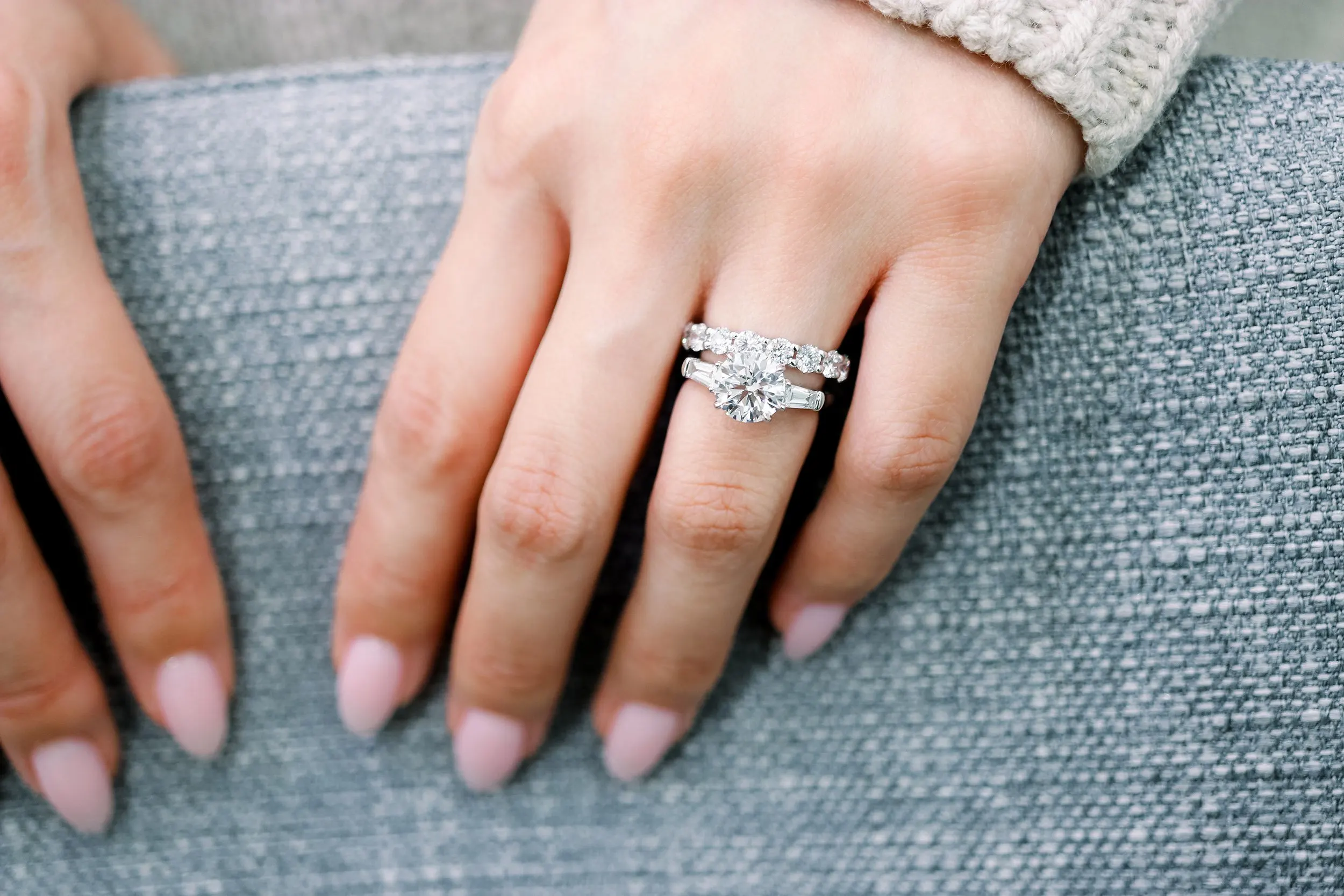 round 2 carat lab diamond with baguette side stone engagement ring in platinum ada diamonds design ad 071