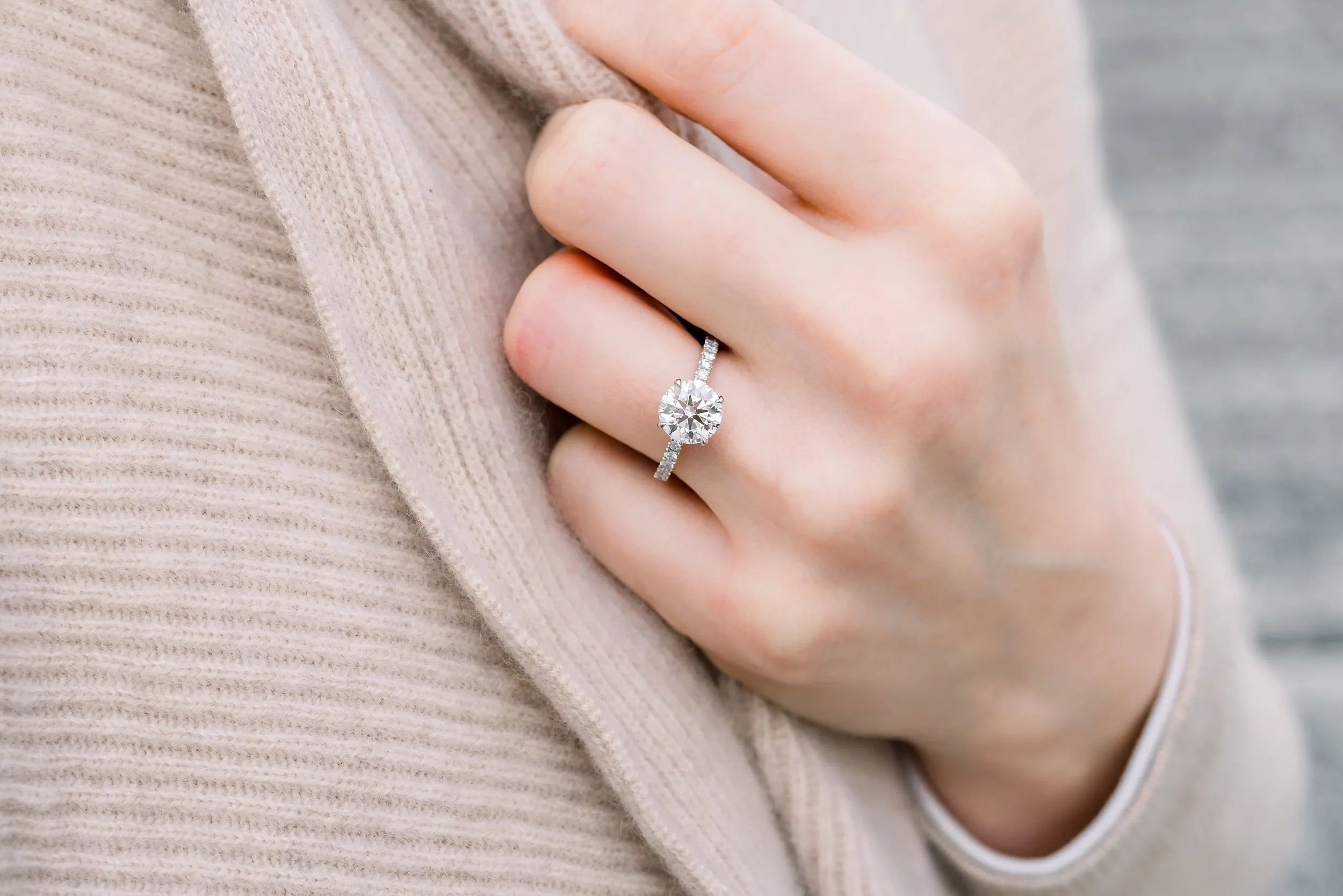 platinum 2 carat round lab diamond engagement ring with diamond band ada diamonds design ad134