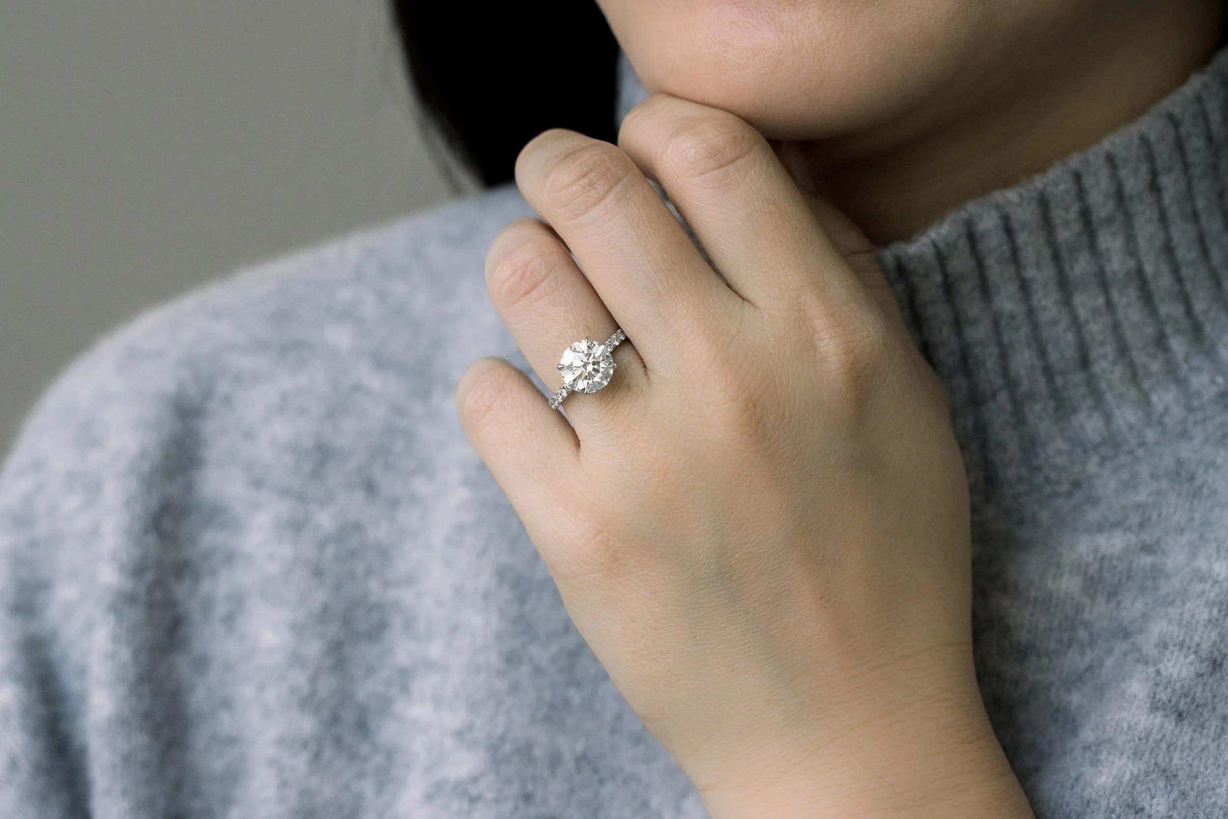 platinum 3 carat round lab created diamond engagement ring with diamond band ada diamonds design ad 134 on model