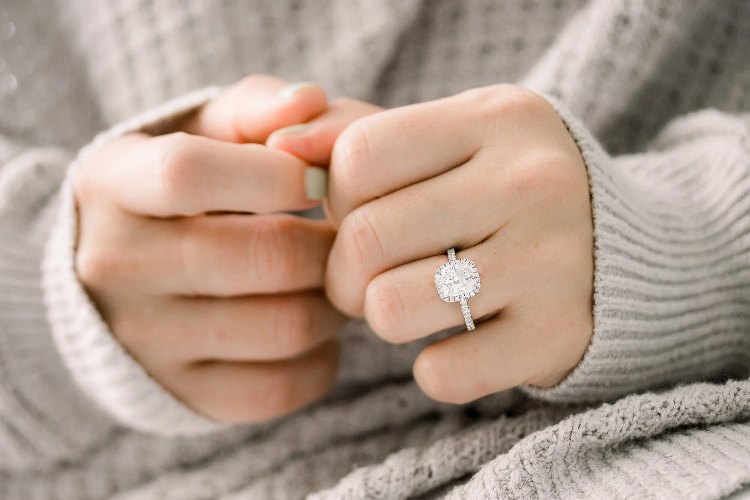 3 carat cushion cut lab diamond ring with halo and diamond band platinum ada diamonds design ad364 on model