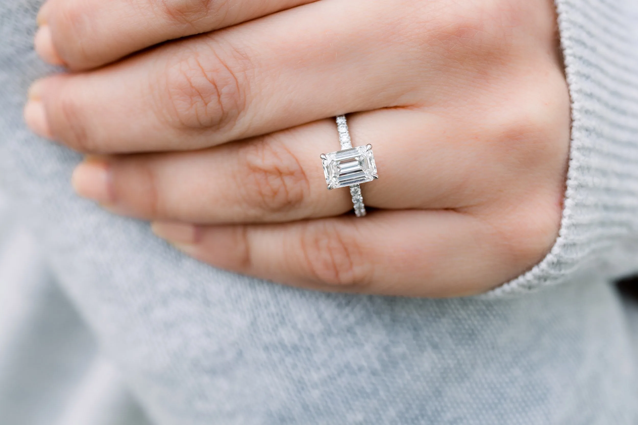 lab diamond emerald cut pave engagement ring