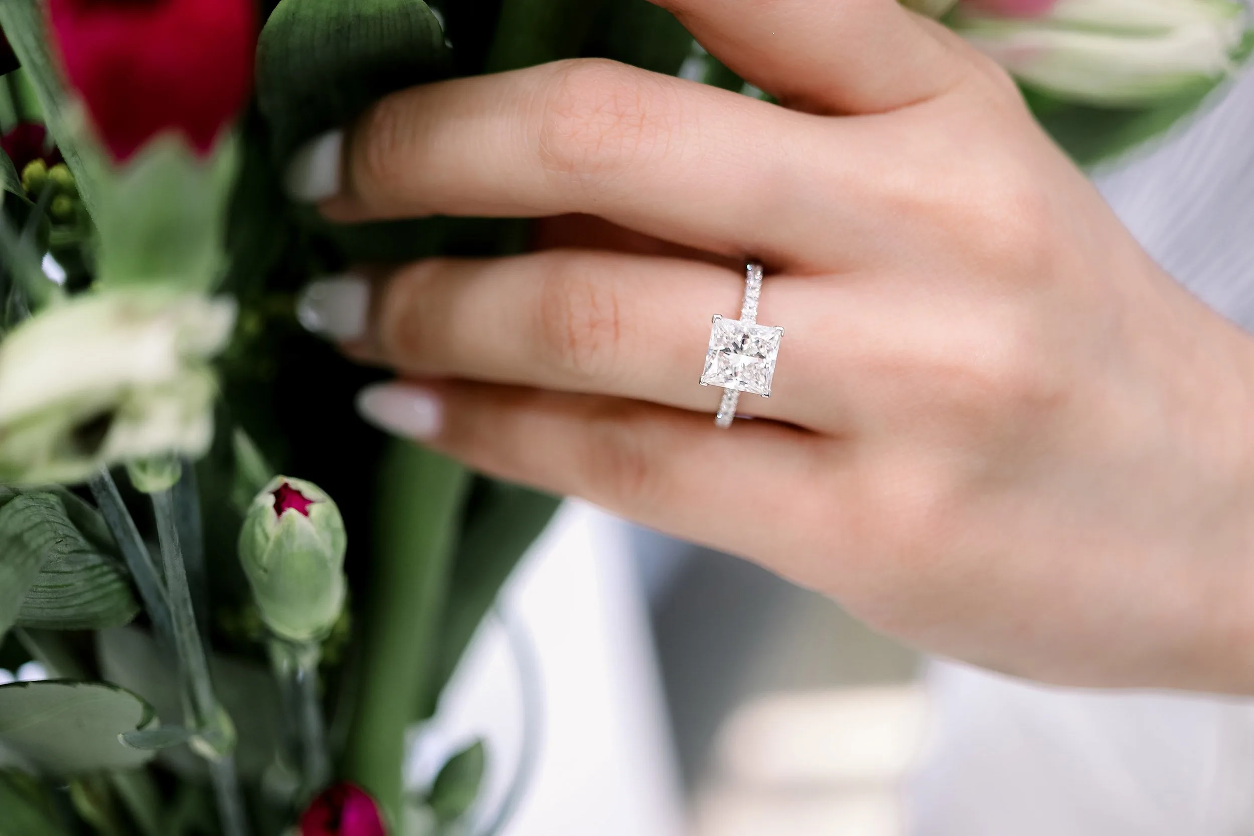 lab created princess cut diamond in cathedral pave setting