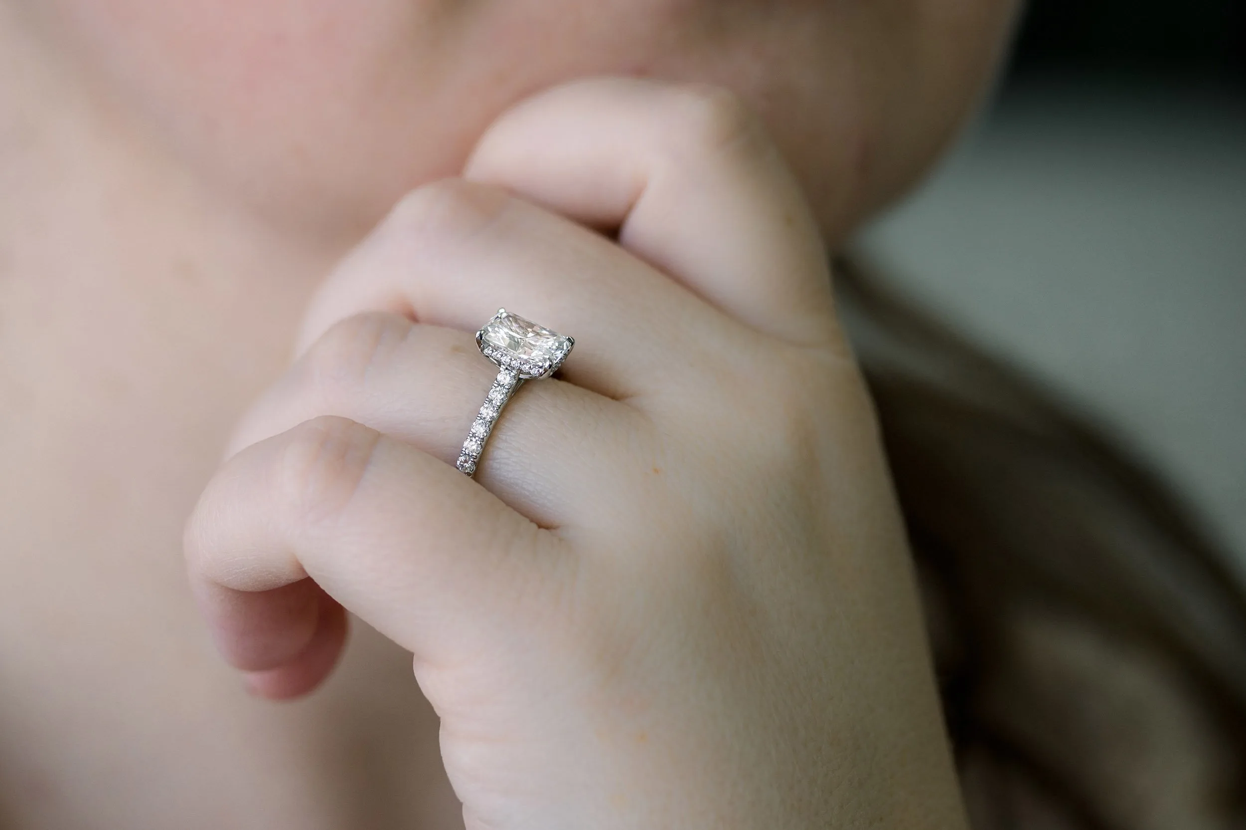 radiant lab diamond engagement ring on model