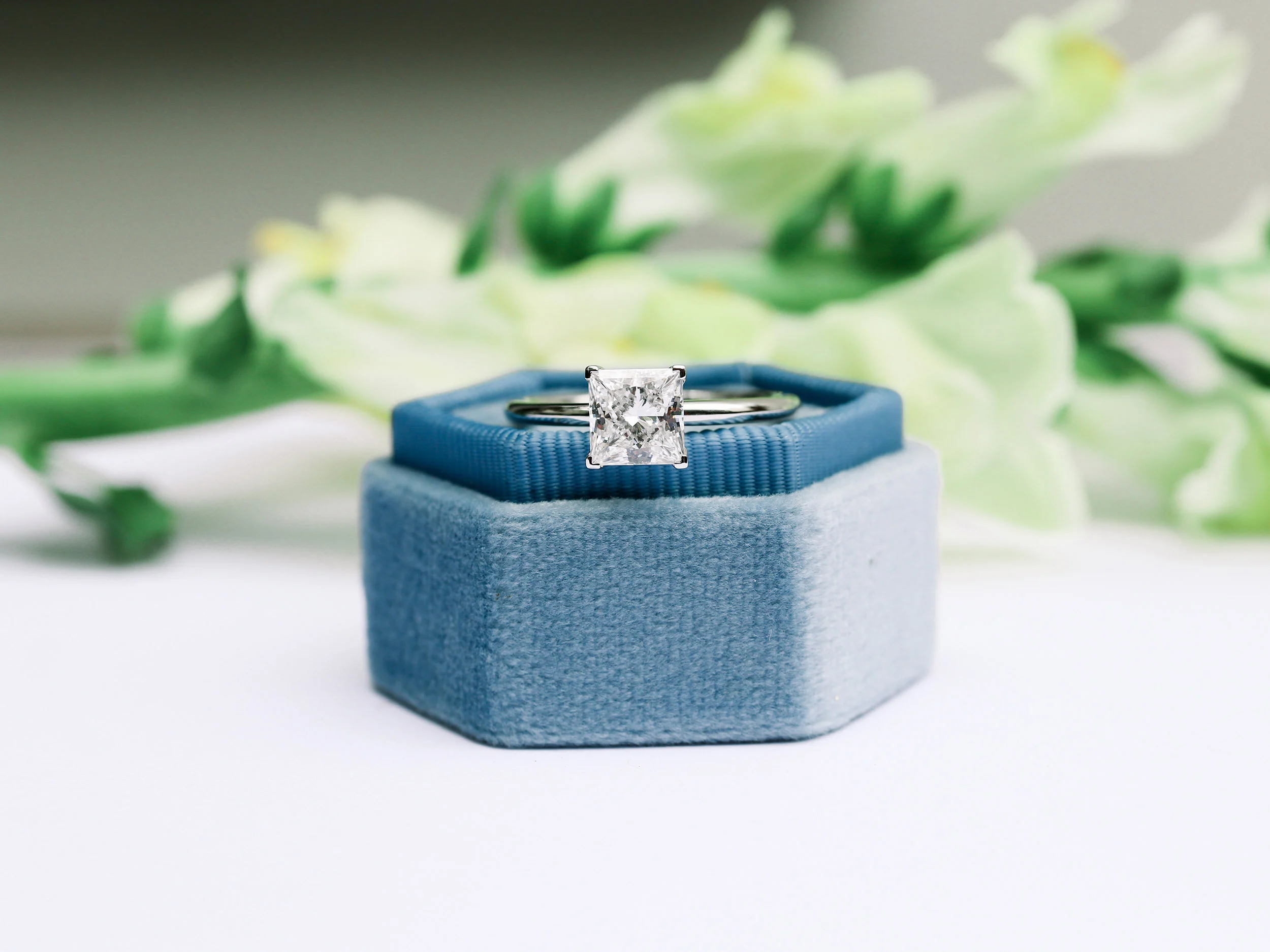 Platinum 1 Carat Princess Cut Lab Created Diamond Solitaire Engagement Ring Ada Diamonds Design AD-227 In Blue Box