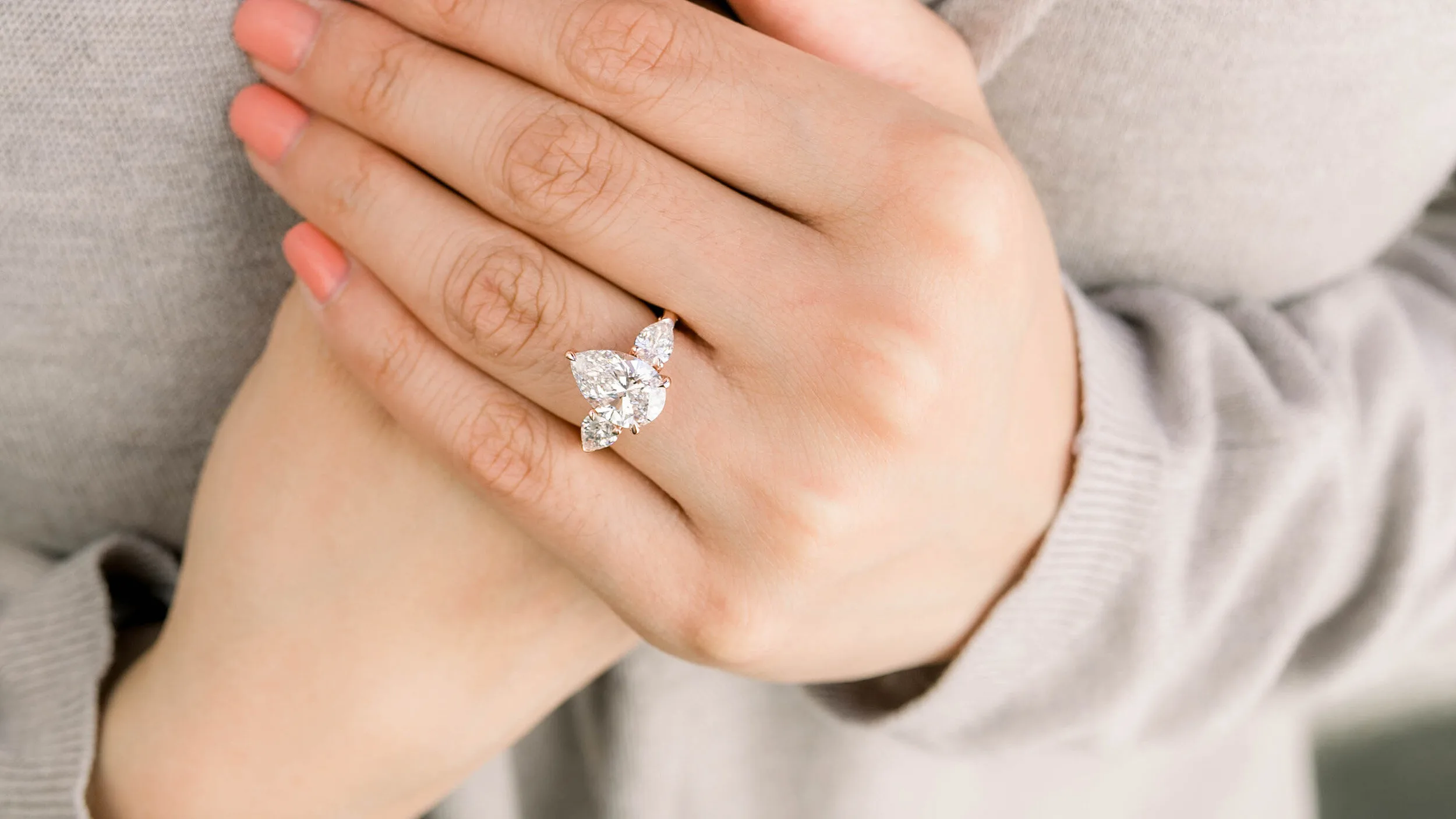 14k Rose Gold 3ct Pear Three Stone Lab Diamond Ring Ada Diamonds Design AD-218 on Model