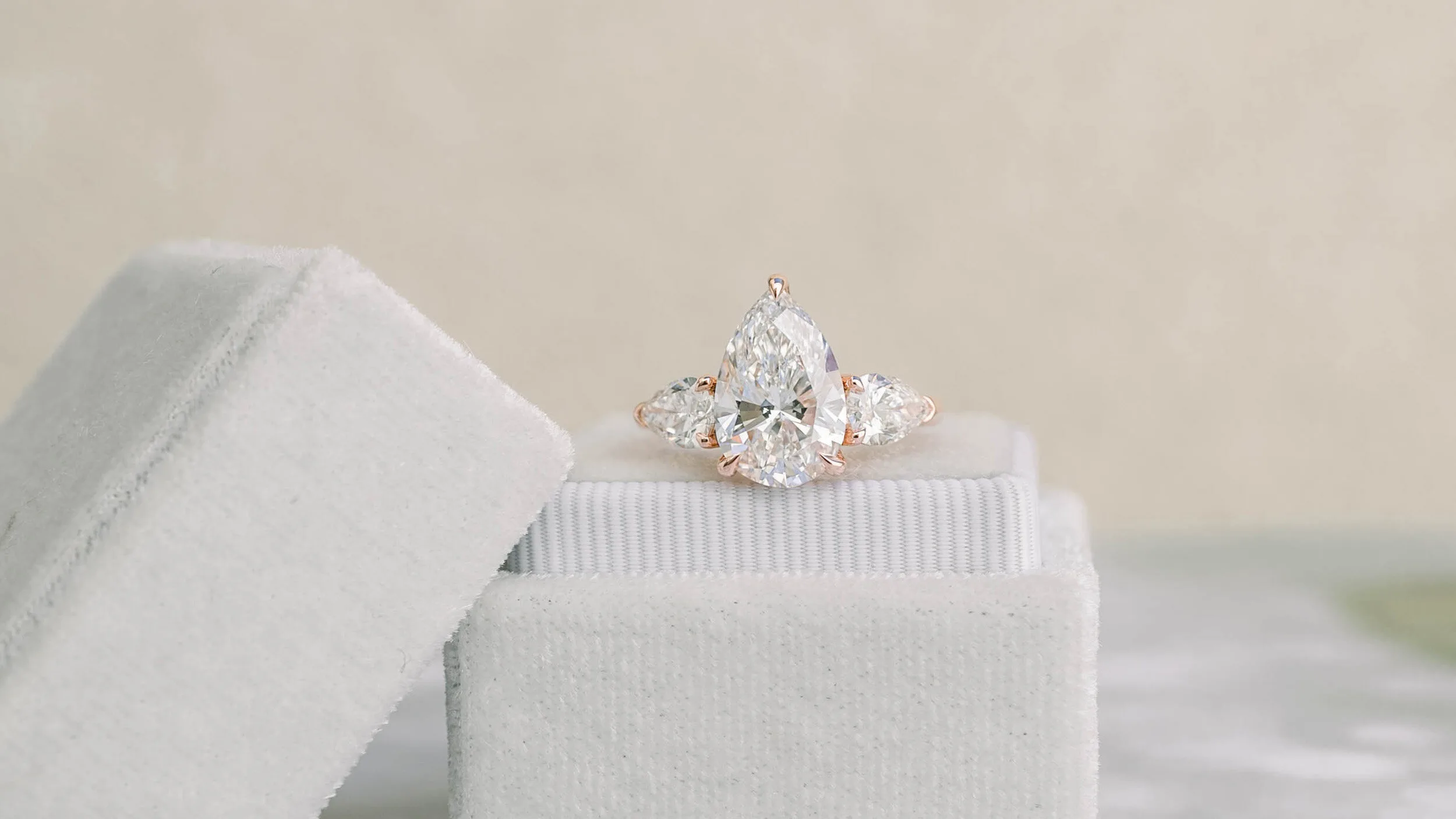 14k Rose Gold Three Carat Pear Lab Diamond Three Stone Ring Ada Diamonds Design AD-218 in Box