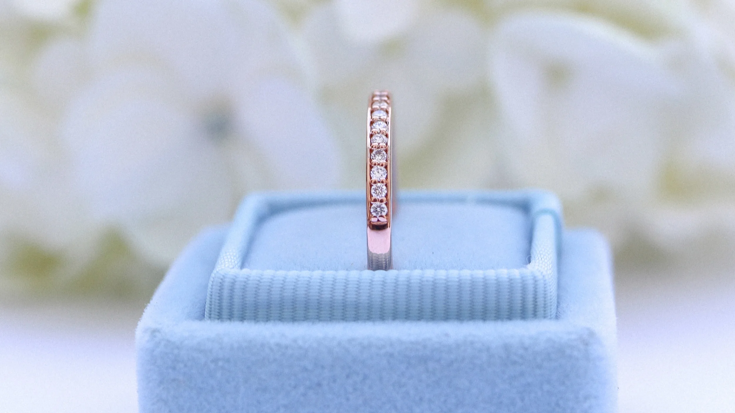 Stacking lab diamond eternity and half eternity bands in rose gold