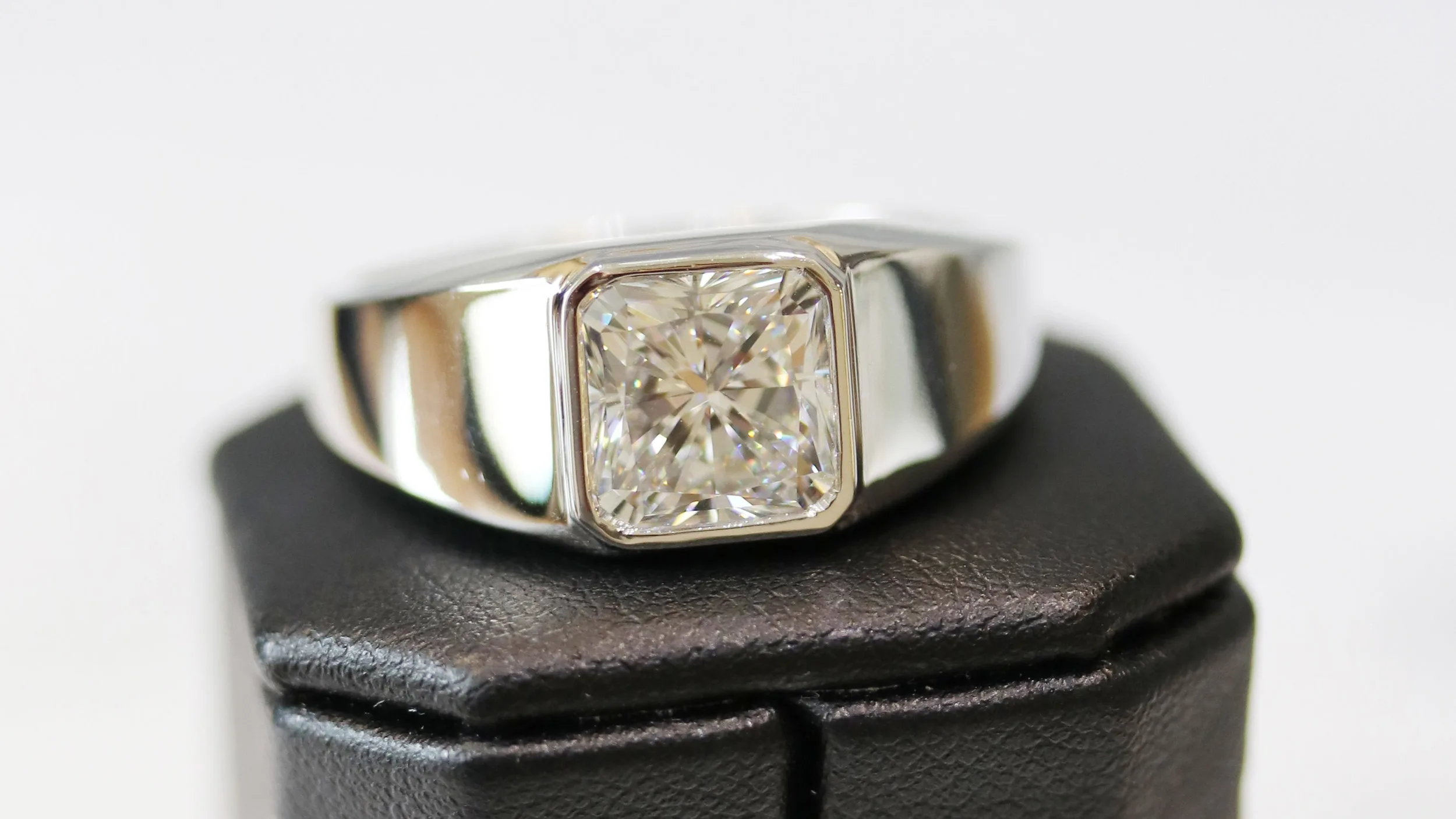 men's radiant cut lab diamond bezel set wedding ring