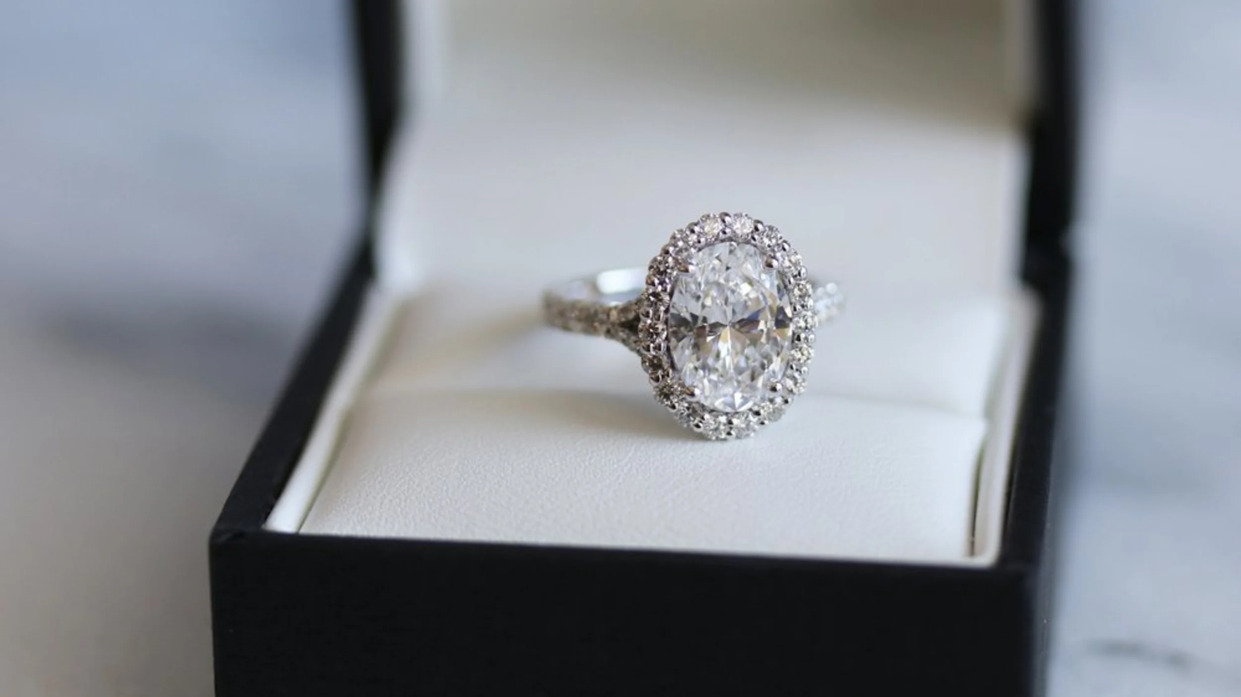 oval split shank lab diamond halo engagement ring