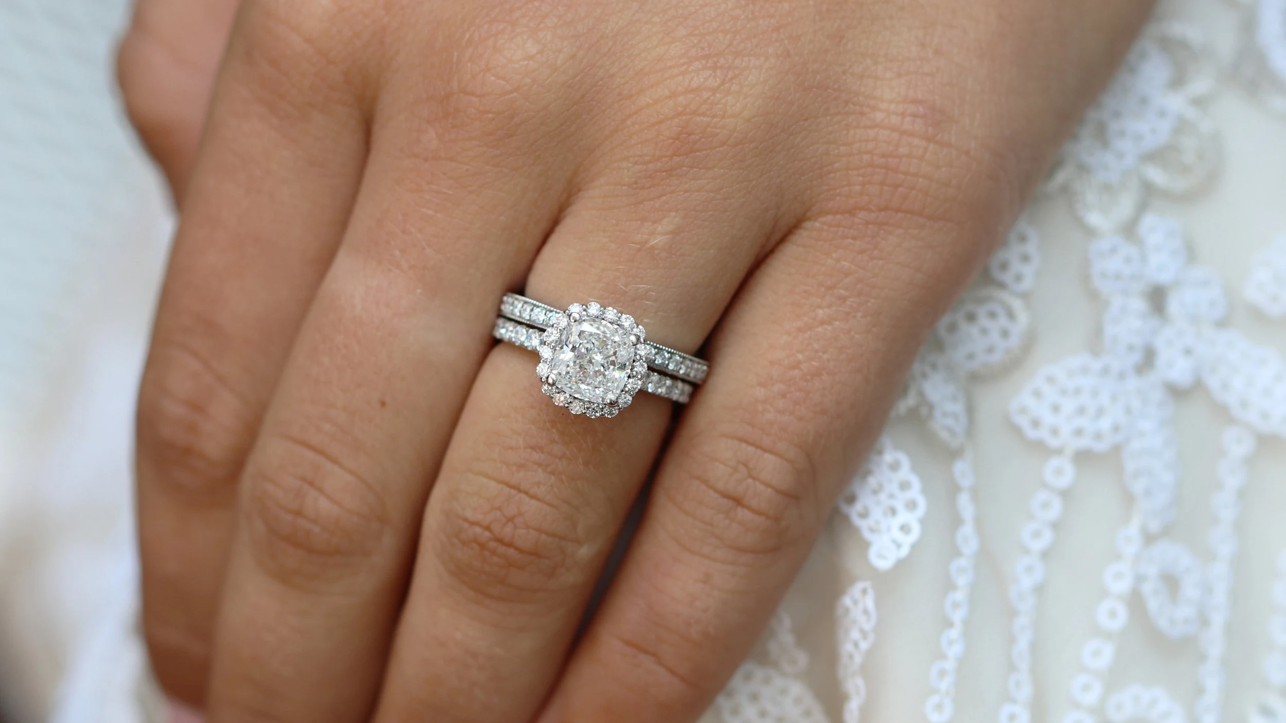 cushion cut manmade diamond halo engagement ring