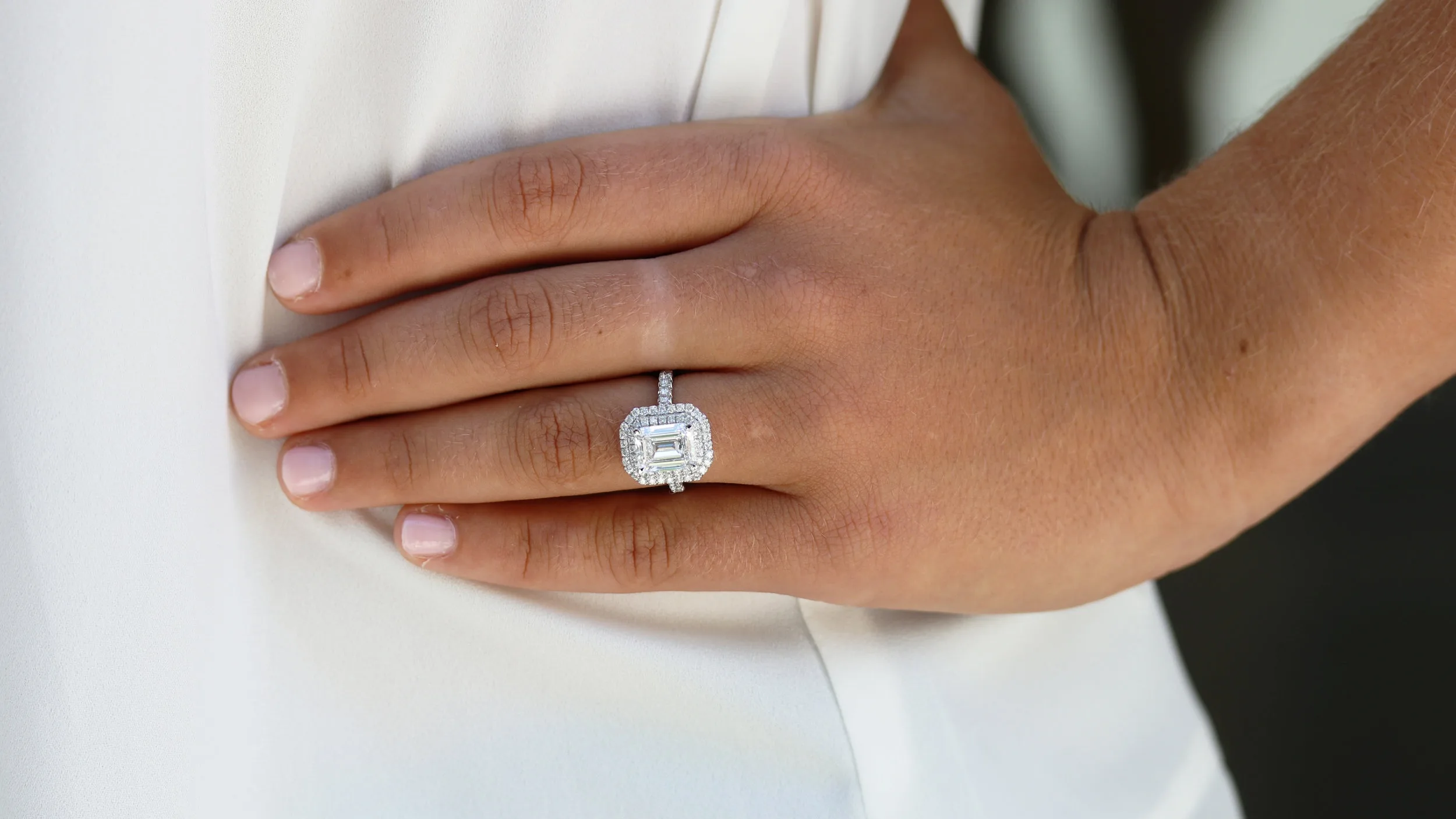 custom double sided emerald halo lab diamond engagement ring