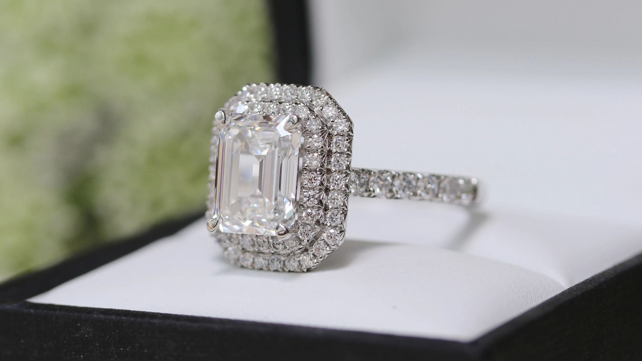 emerald double halo lab diamond engagement ring