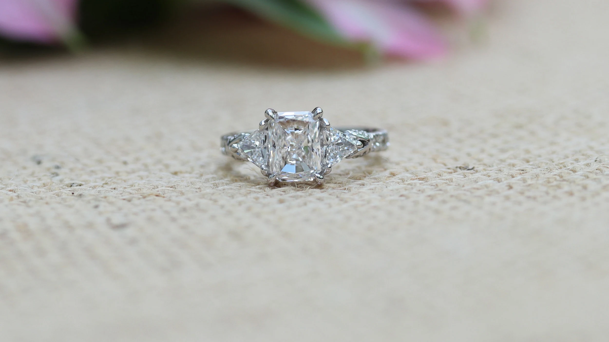 custom radiant and trillion three stone lab created diamond engagement ring