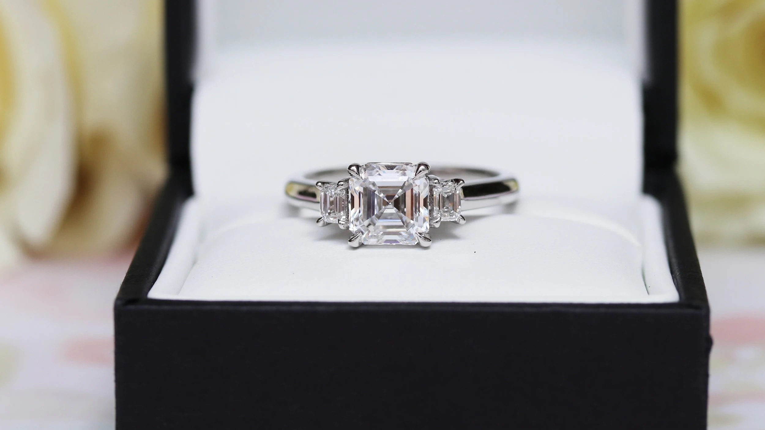 three stone emerald and asscher cut lab diamond engagement ring ada diamonds