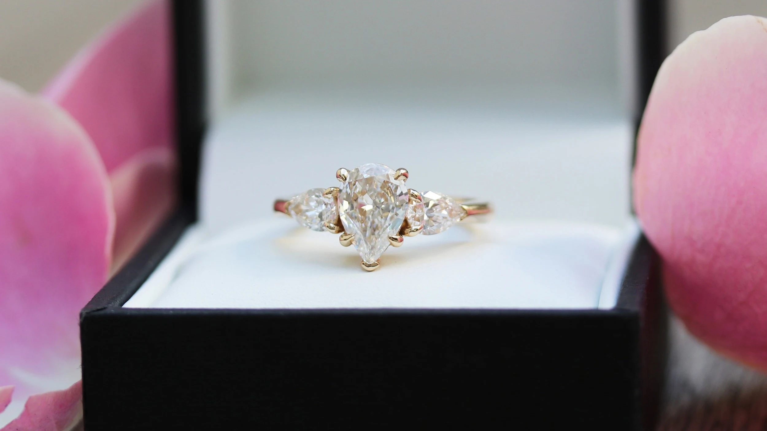 three stone pear lab diamond engagement ring
