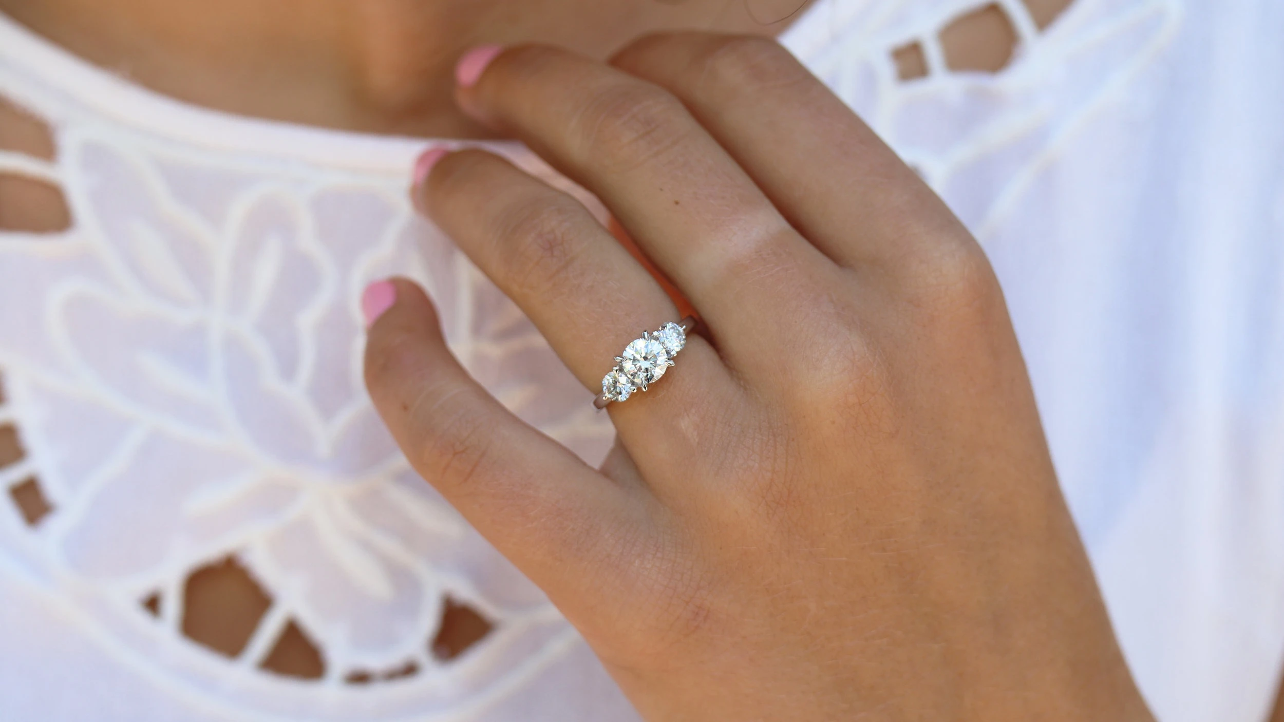 round three stone lab diamond engagement ring