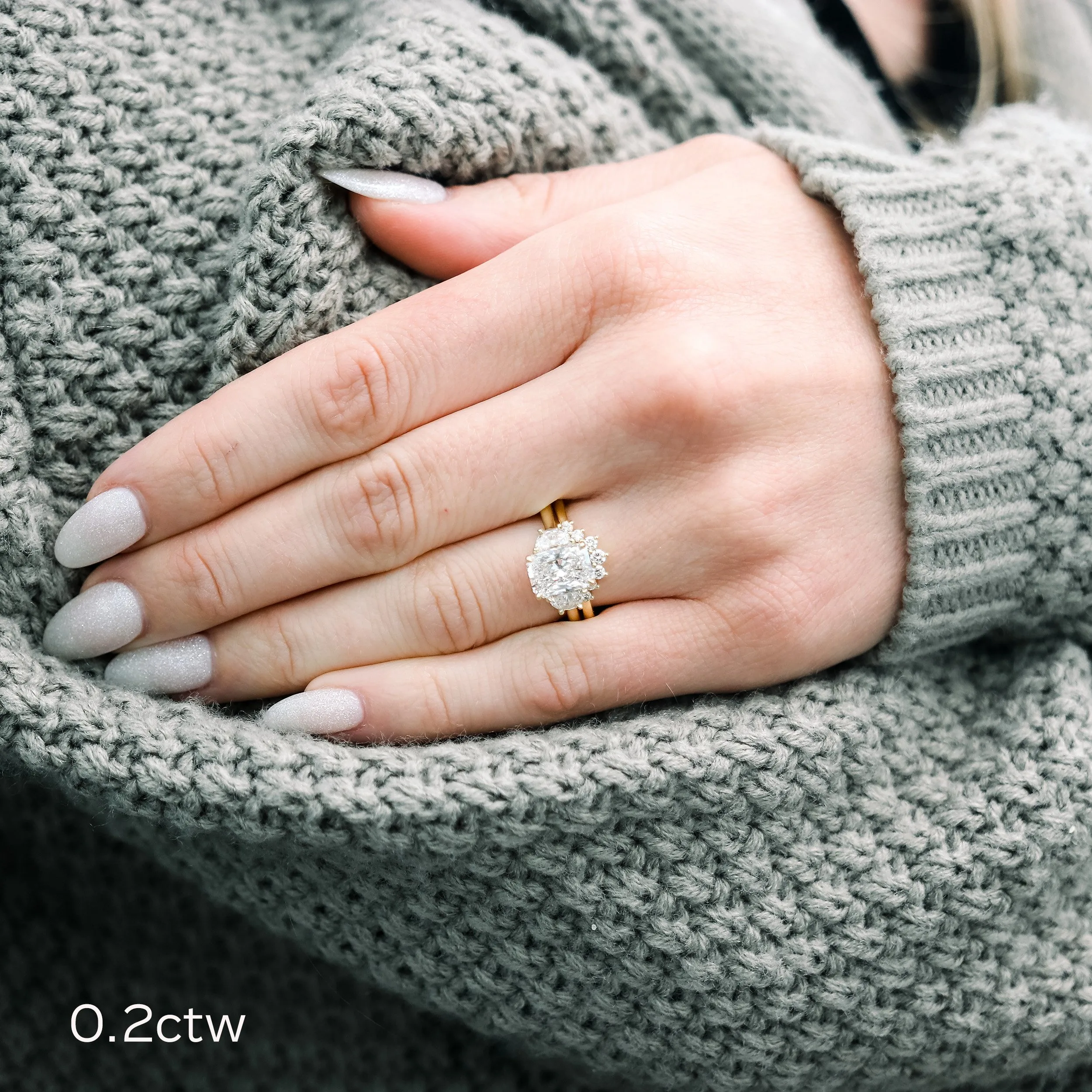 yellow gold nesting lab diamond wedding band with three stone emerald cut engagement ring ada diamonds design ad 114 on model