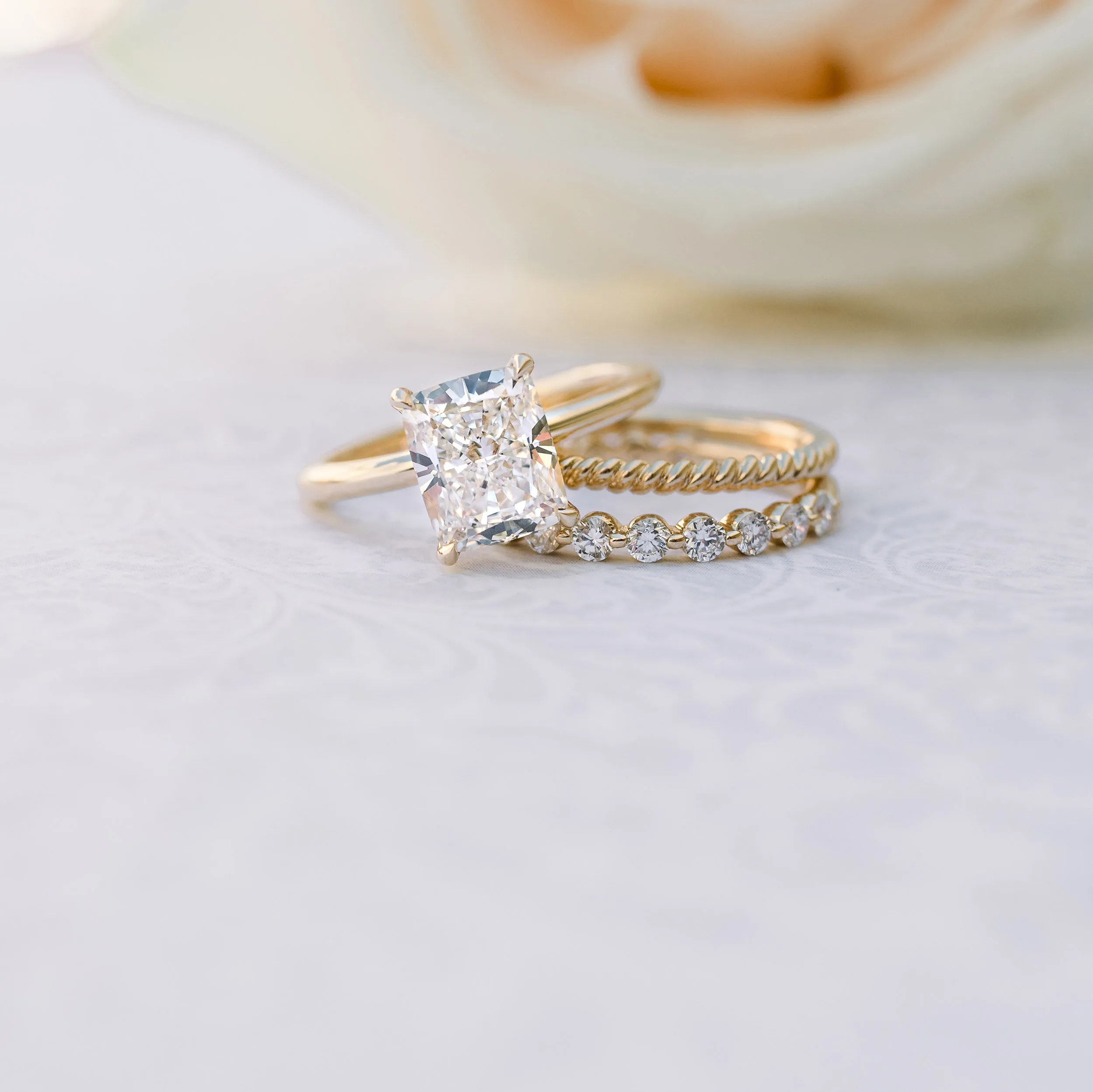 14k Yellow Gold Cushion Cut Lab Diamond Solitaire Engagement Ring with Shared Prong Three Quarter Wedding Band and Rope 3/4 Band Ada Diamonds Design AD-221 AD-261 AD-262 Macro