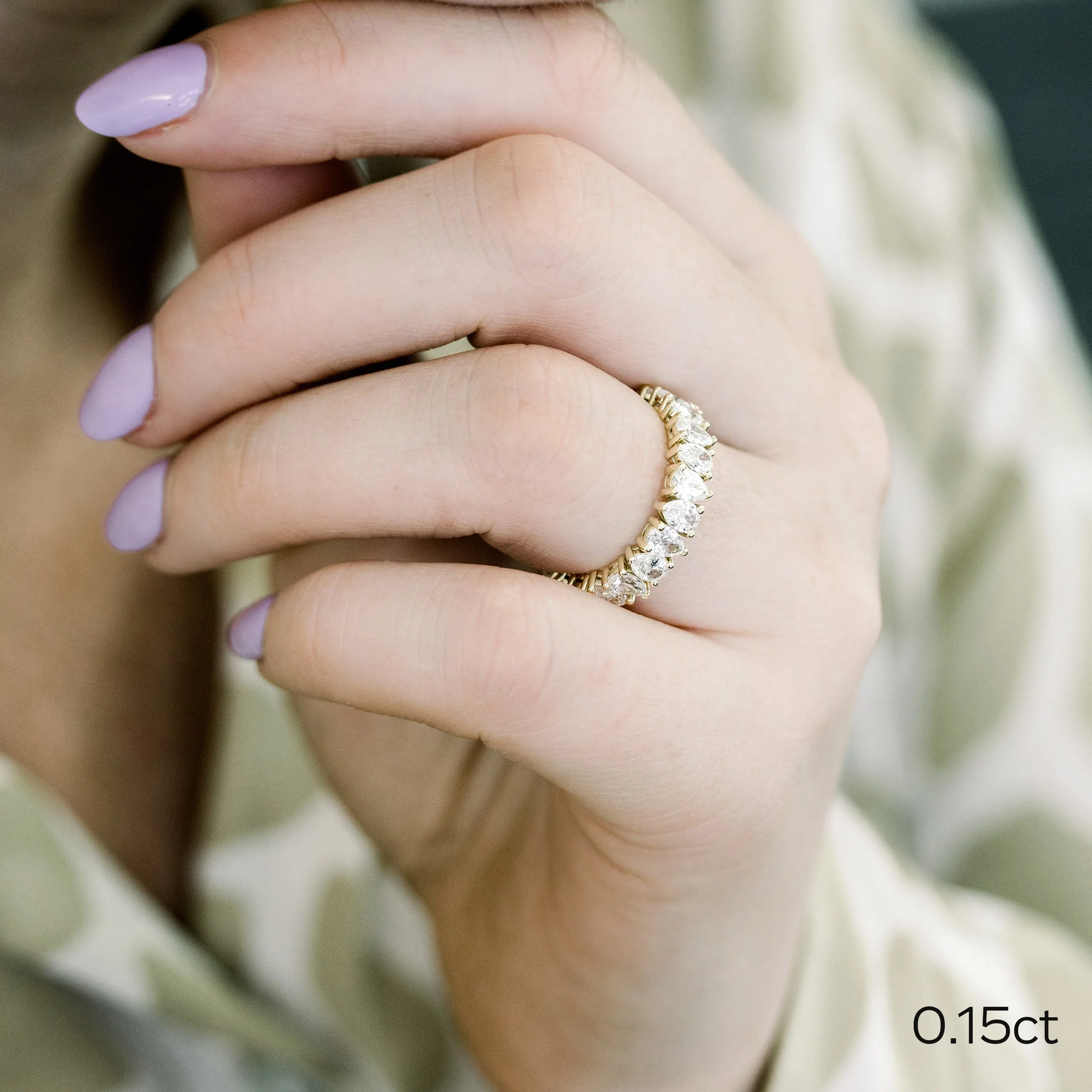 on model profile view of 3ct pear alternating lab diamond eternity band in 18k yellow gold