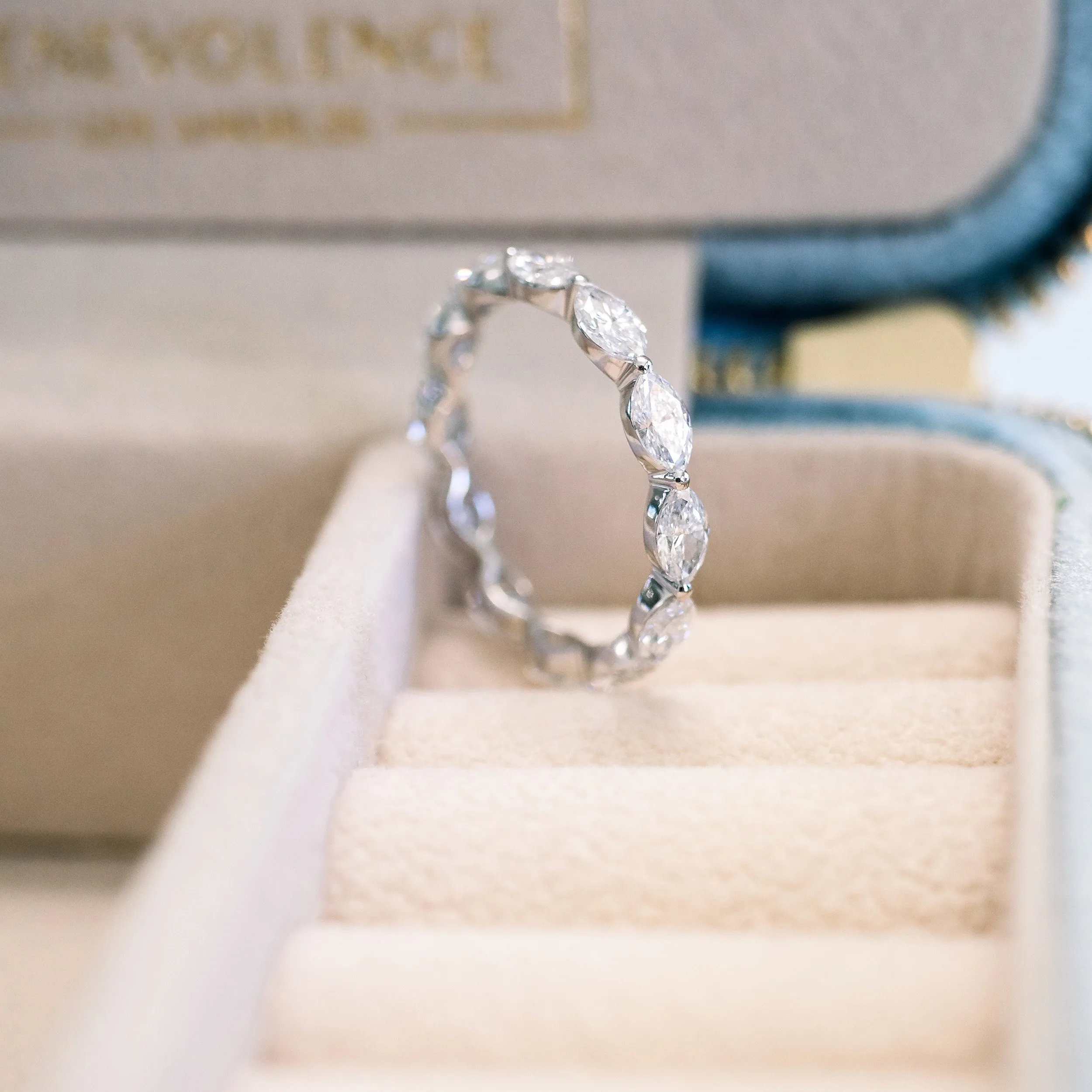 1.8ctw marrquise eternity band profile view in 18k white gold