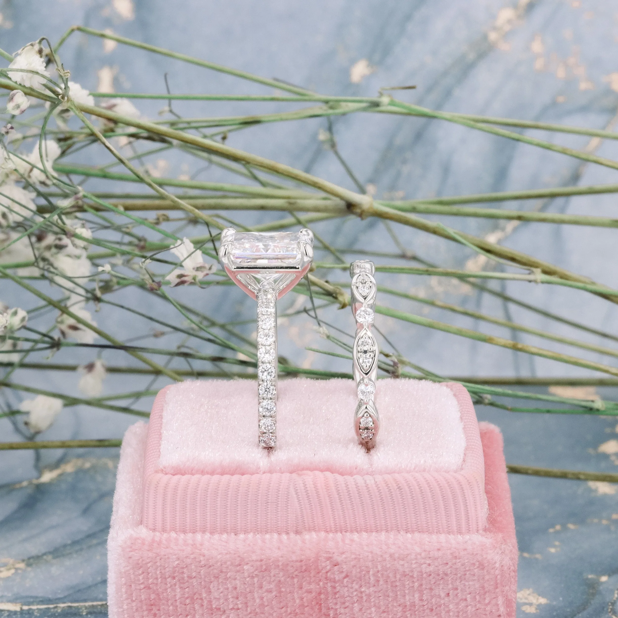 platinum 2.5ct radiant cut lab diamond pavé engagement ring with leaf wedding band in platinum ada diamonds design ad 229 and ad 216