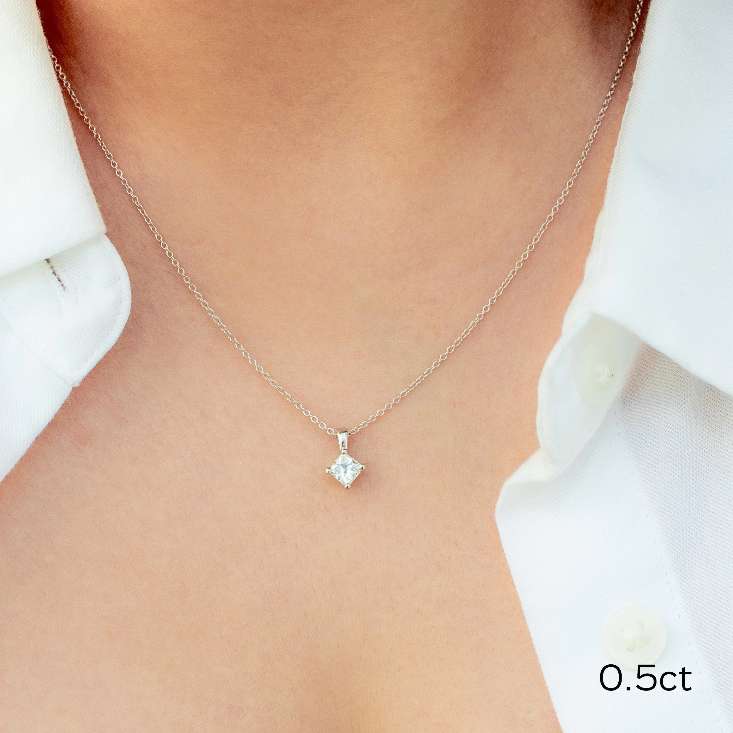 white gold half carat princess lab diamond solitaire pendant necklace ada diamonds design ad 282 on model
