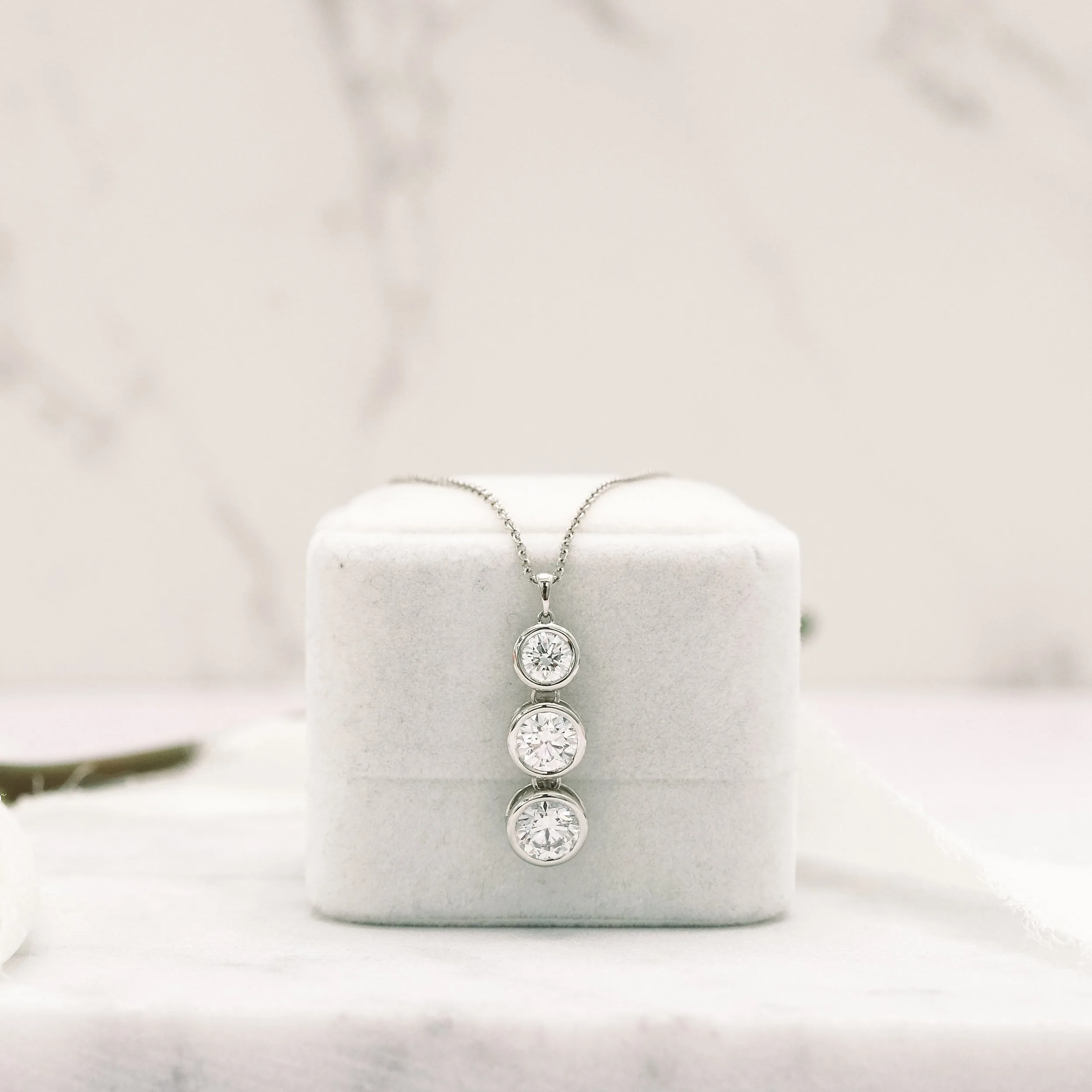 platinum 2 ct round three stone lab diamond bezel set drop necklace ada diamonds design ad 037