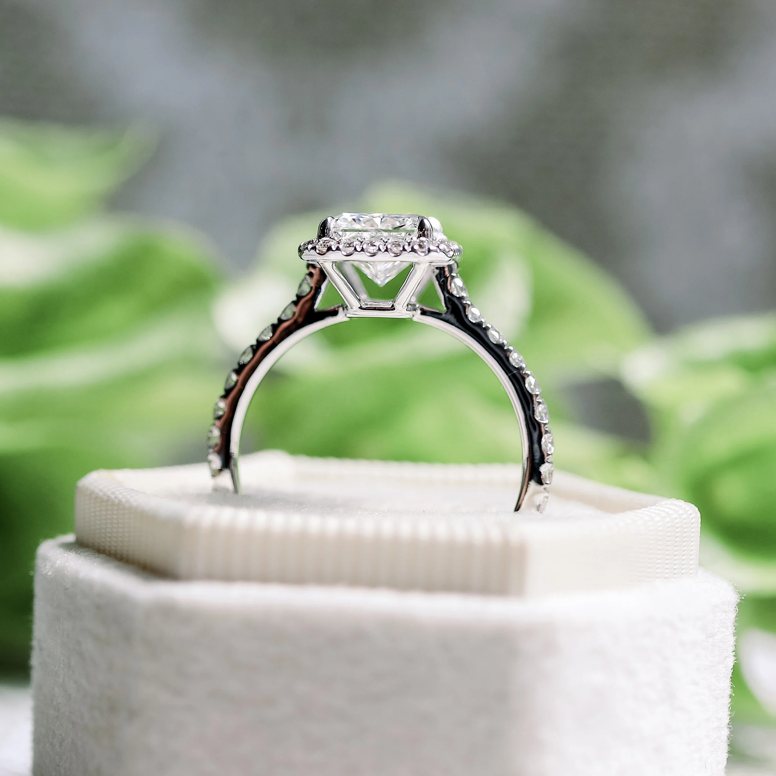 White Gold Radiant Halo Pavé Diamond Engagement Ring featuring 1.75 ctw Diamonds (Profile View)