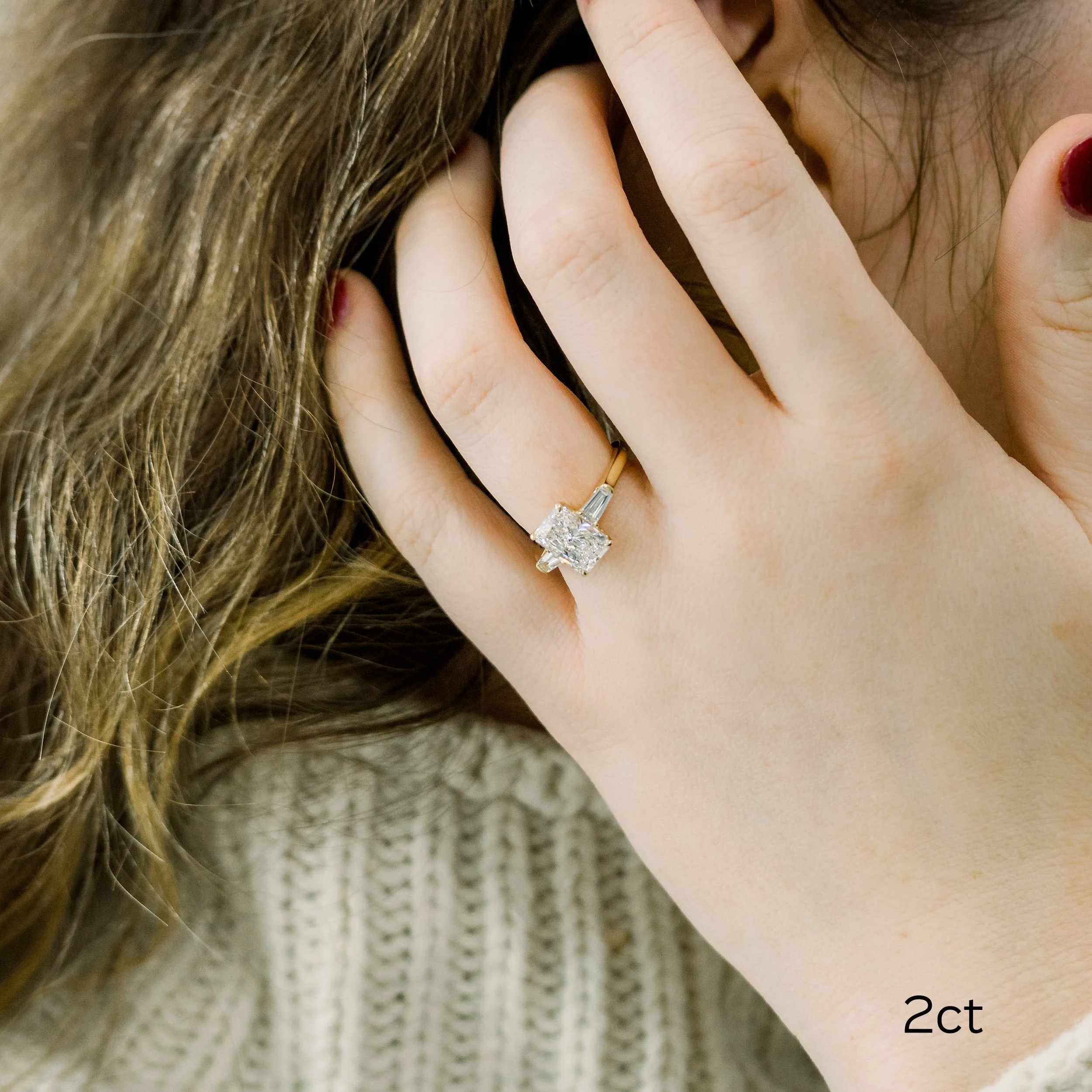 18k yellow gold 2.5ct radiant cut and baguette three stone lab diamond engagement ring ada diamonds design ad 485 on model