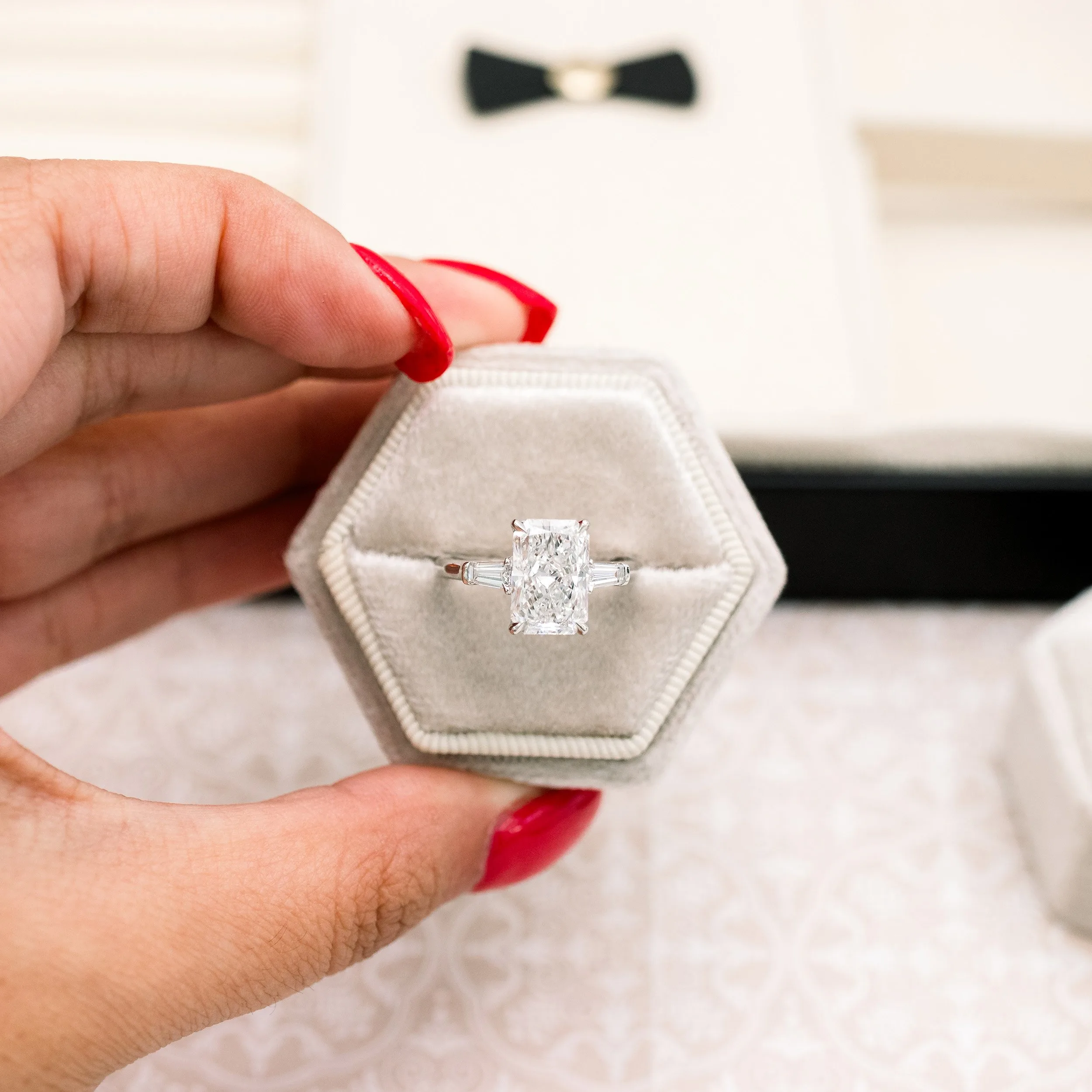 platinum 3.25 carat radiant cut lab diamond engagement ring with baguette side stones ada diamonds design ad 485 macro