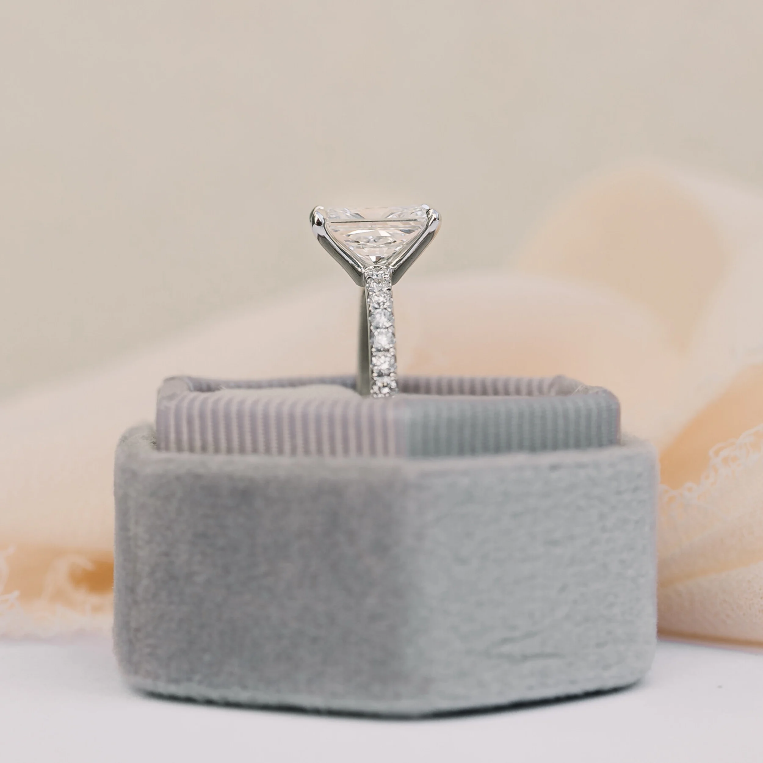 Platinum 3 Carat Radiant Classic Pavé Engagement Ring with Lab Diamonds Ada Diamonds Design AD-352 Profile