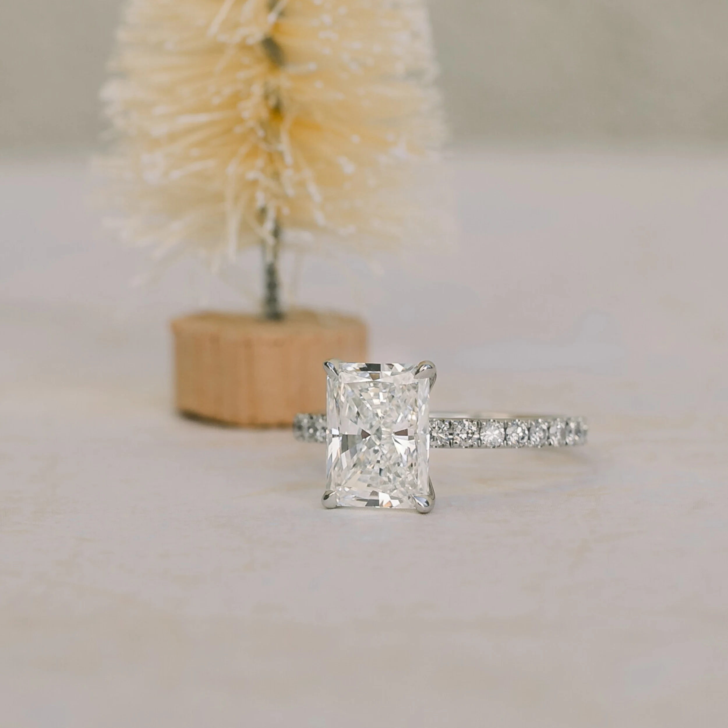 Platinum 3 Carat Radiant Classic Pavé Engagement Ring with Lab Diamonds Ada Diamonds Design AD-352 From Side View