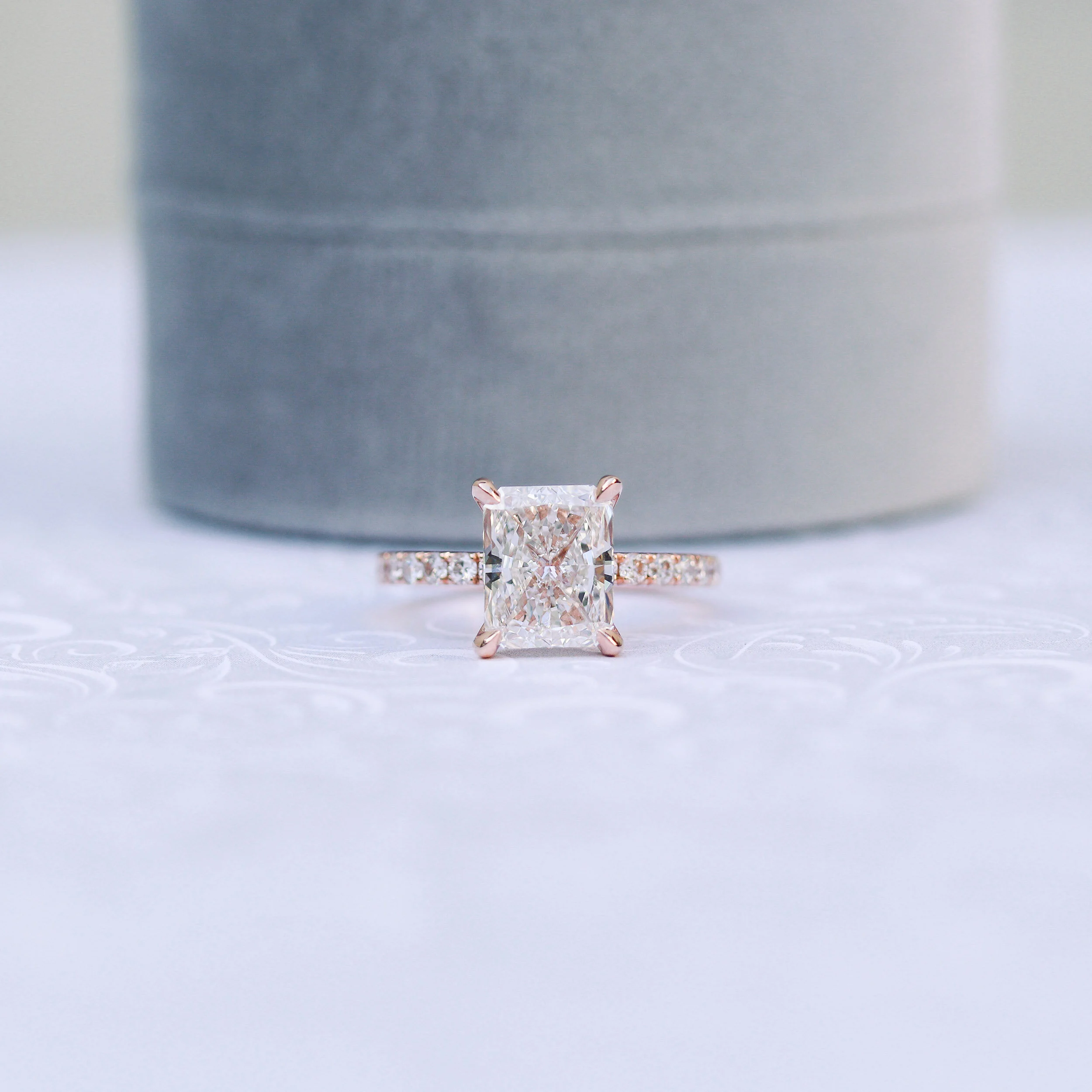 Rose Gold 2.5 Carat Radiant Lab Diamond Pavé Engagement Ring Ada Diamonds Design AD-352 Artistic
