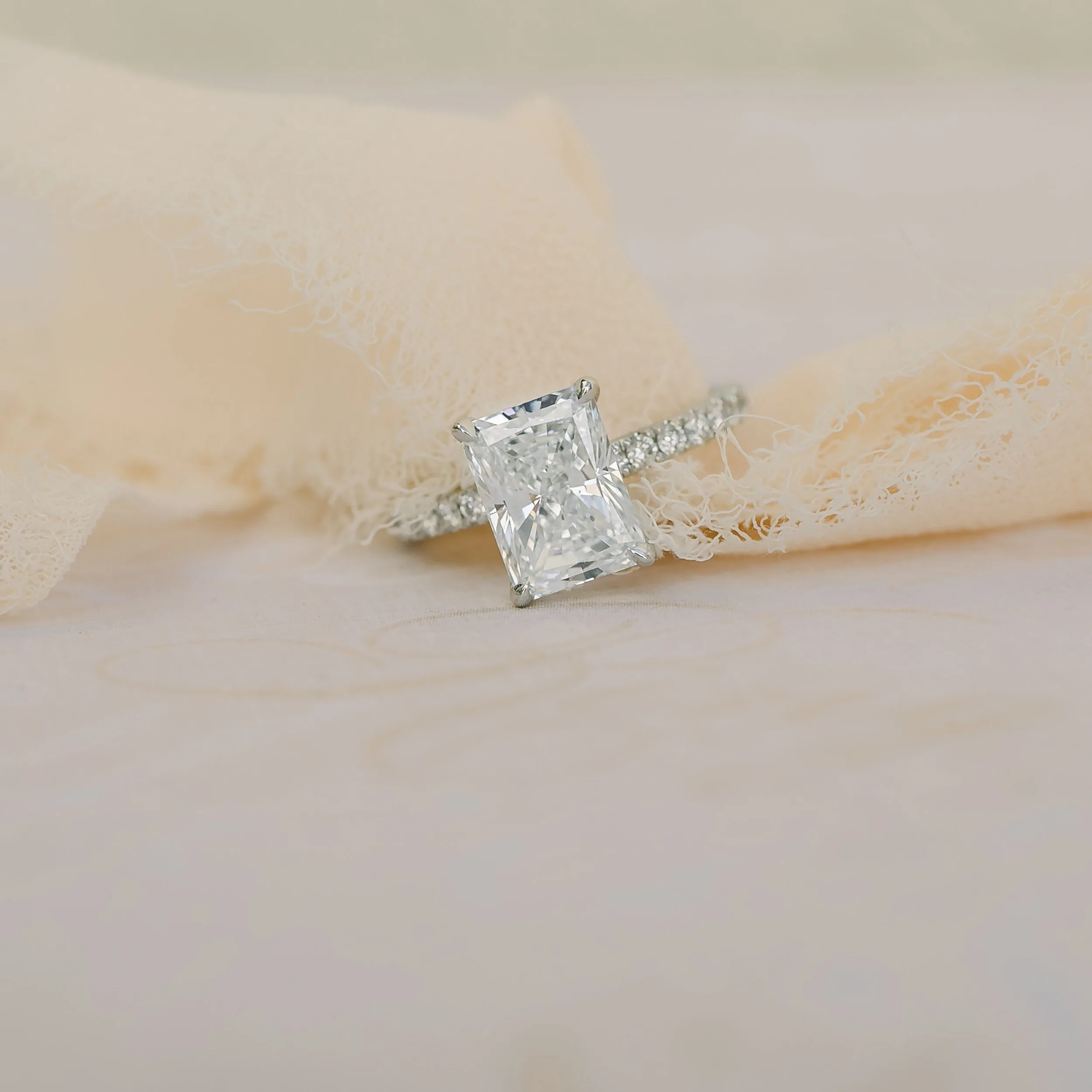 Platinum 3 Carat Radiant Classic Pavé Engagement Ring with Lab Diamonds Ada Diamonds Design AD-352 Macro