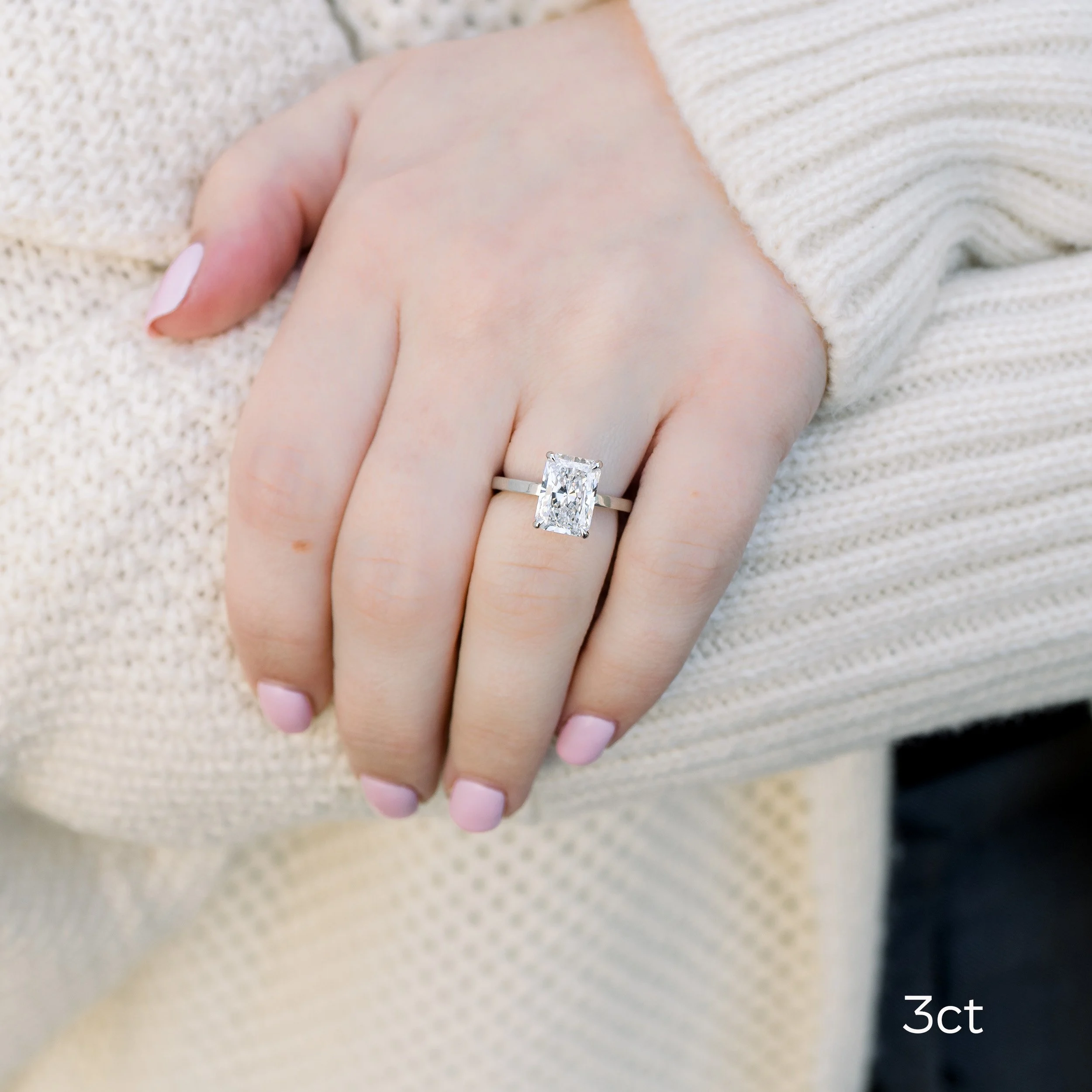 platinum 3 carat radiant cut lab diamond solitaire engagement ring on model ada diamonds design ad 332