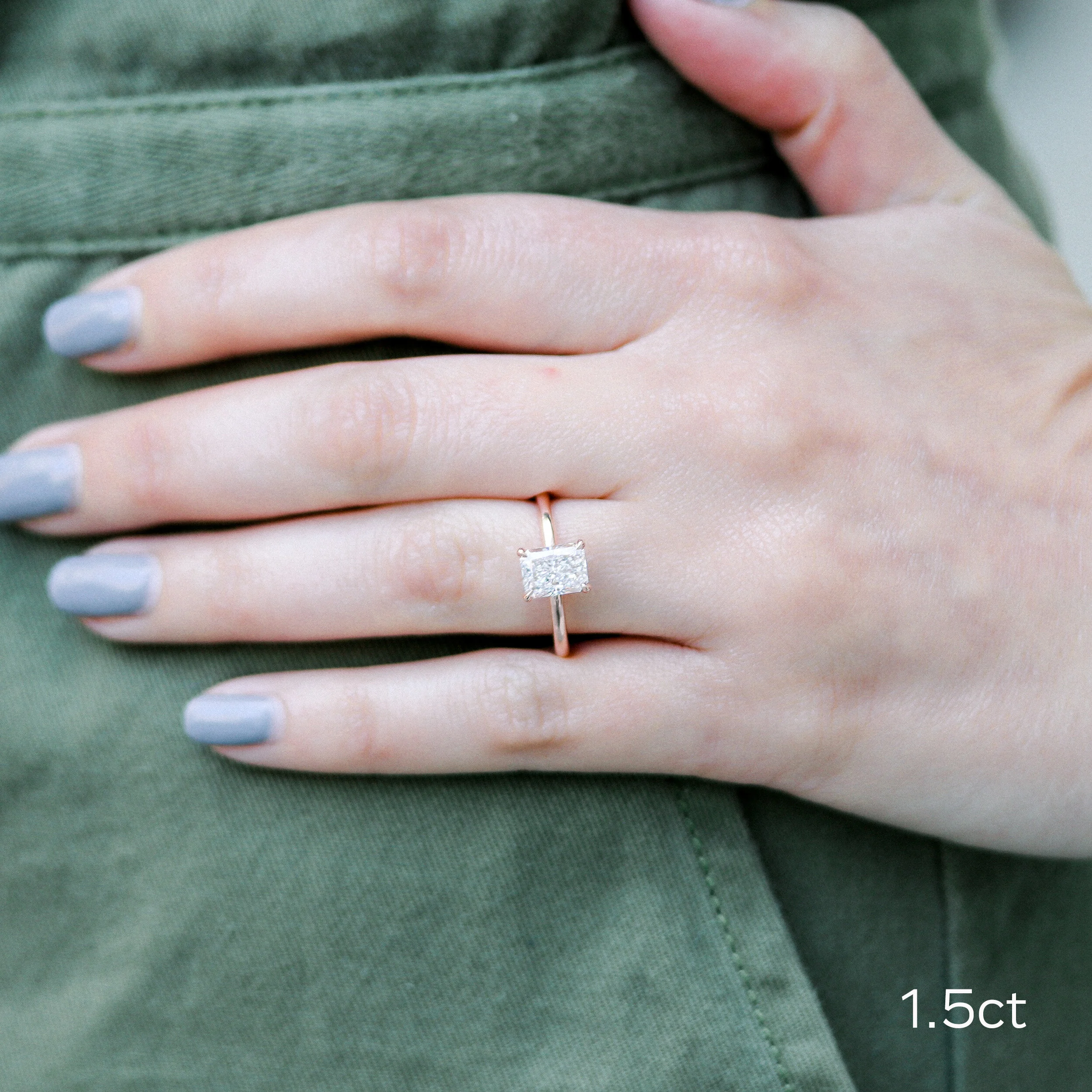 14k Rose Gold 1.5ct Radiant Cut Lab Diamond Solitaire Engagement Ring Ada Diamonds Design AD-332 on Model