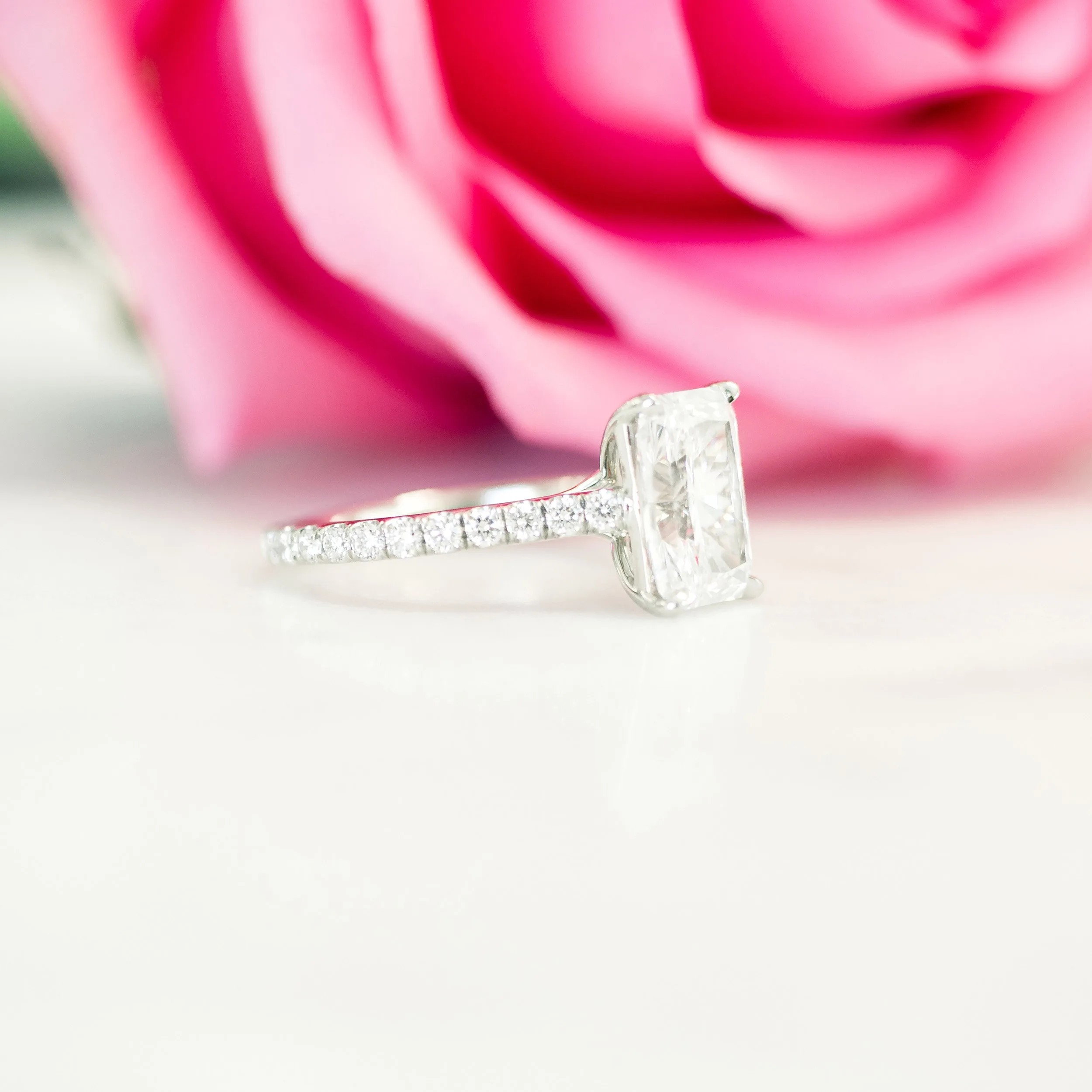 platinum 3 ct radiant cut lab diamond cathedral pavé engagement ring ada diamonds design ad 353
