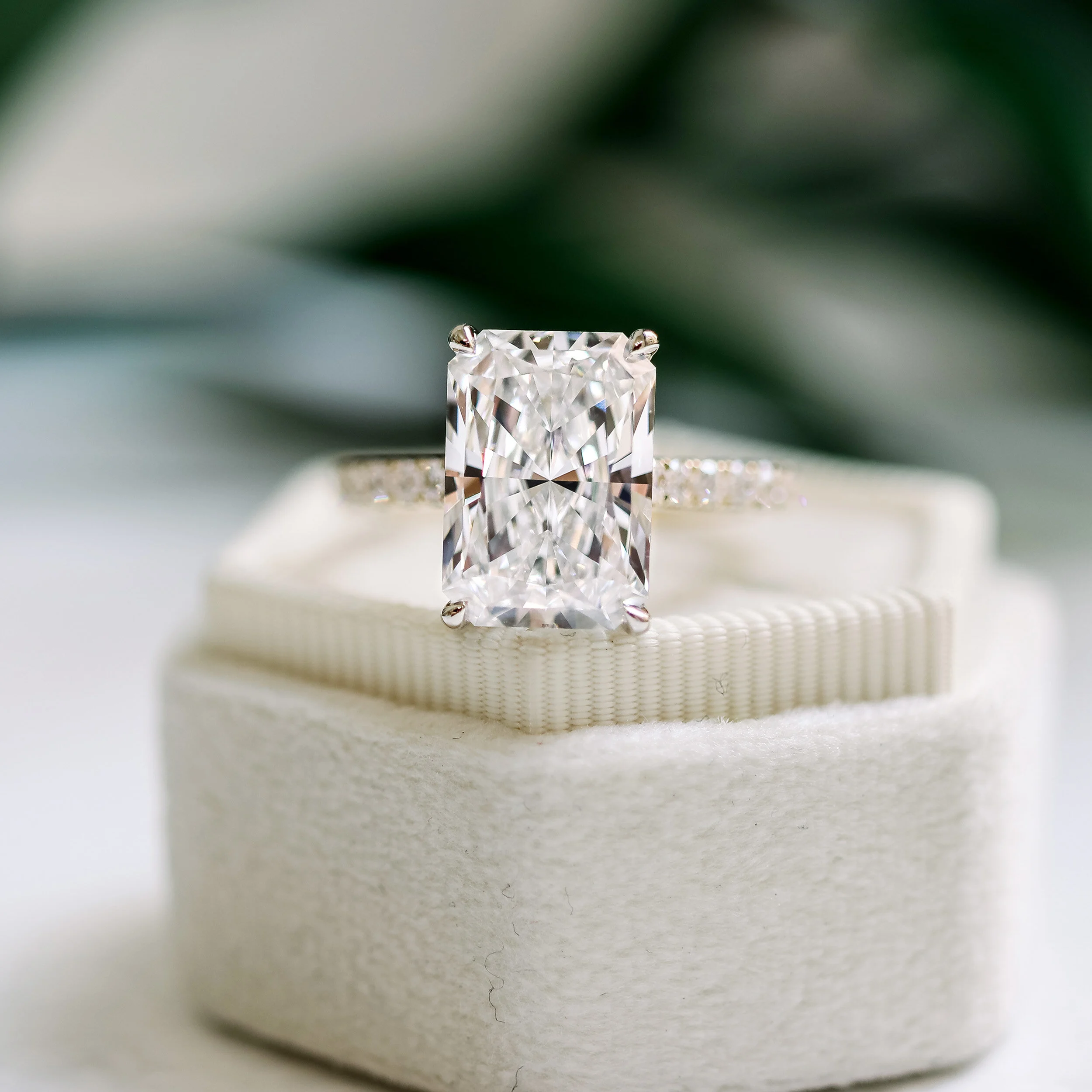 White Gold Four Carat Radiant Lab Diamond Pavé Ring Ada Diamonds Design AD-353 Macro