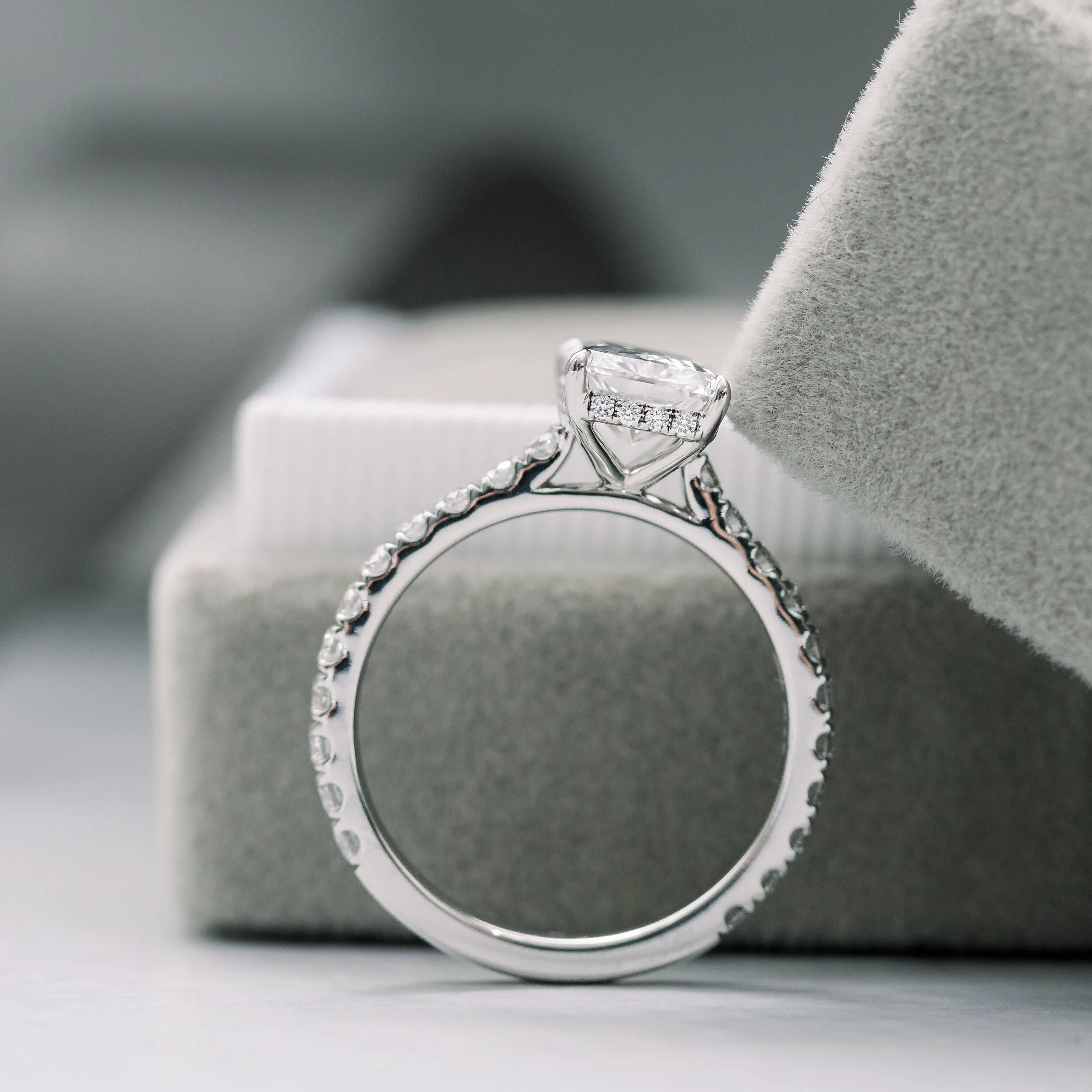 18k White Gold 2 Carat Radiant Cathedral Pavé Lab Created Diamond Engagement Ring Ada Diamonds Design AD-353 Profile